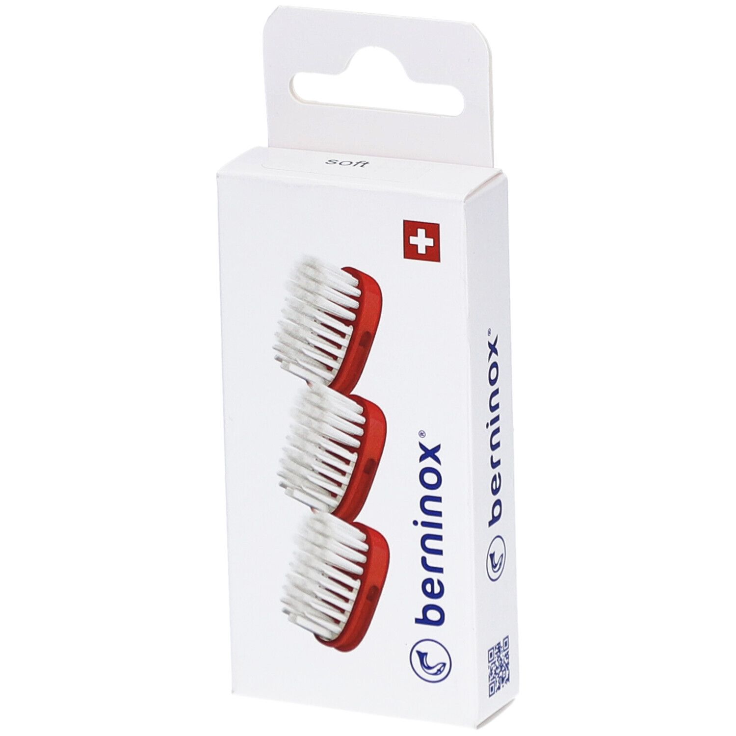 Emballage de 3 têtes de brosse. Support rouge, poils blancs. Croix suisse et logo 'berninox'.