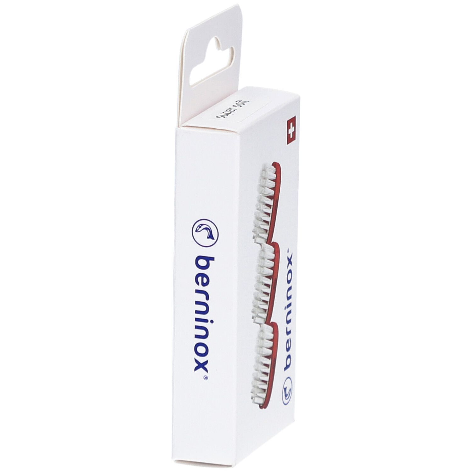 Emballage avec trois têtes de brosse de rechange. Côté avec logo berninox et croix suisse. Dispositif de suspension.