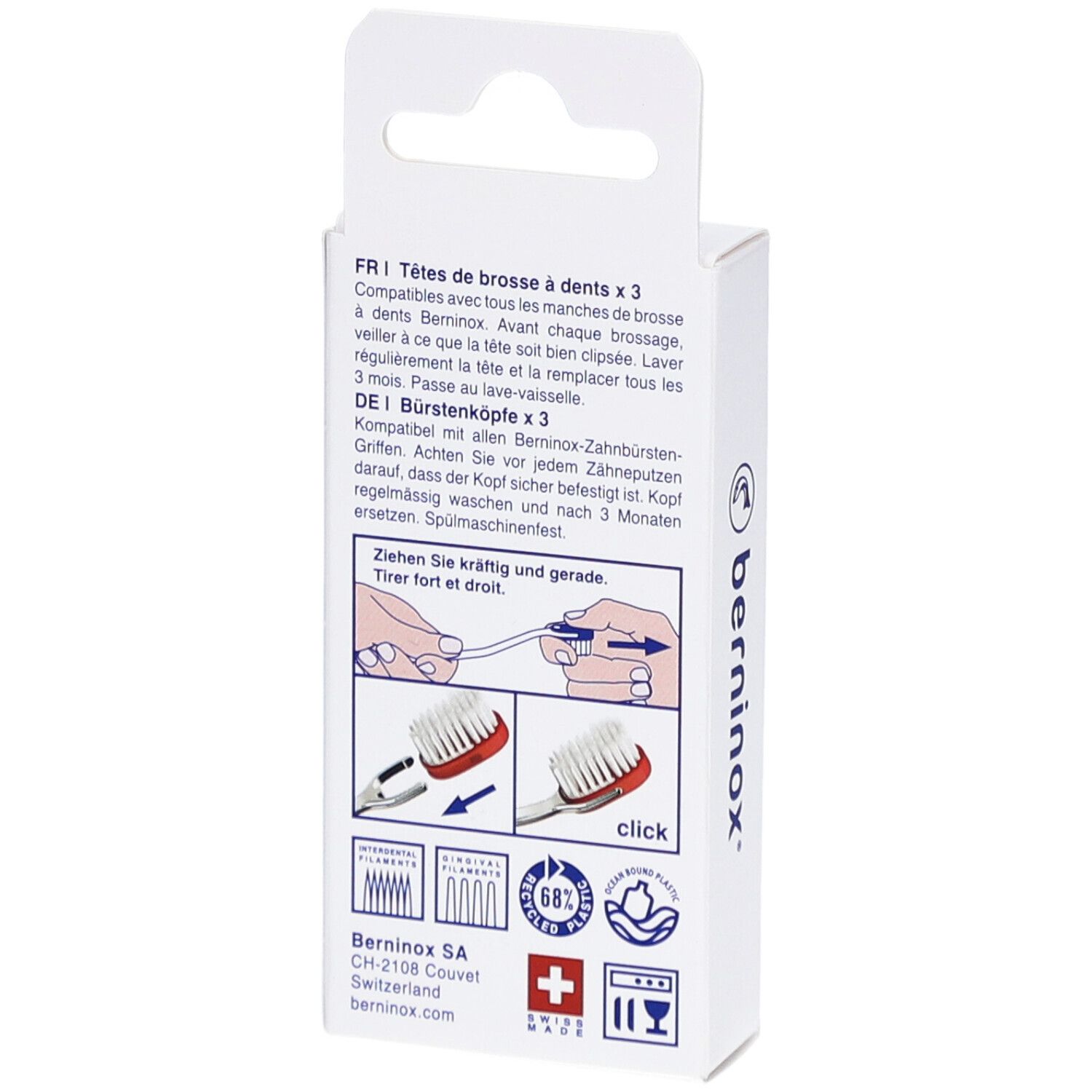 Dos de l'emballage avec texte en allemand, français et informations d'utilisation. Marque : berninox.