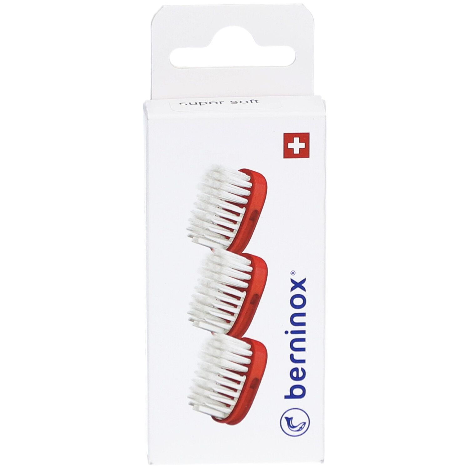 Trois têtes de brosse rouges et blanches dans un emballage blanc avec croix suisse. Marque : berninox.