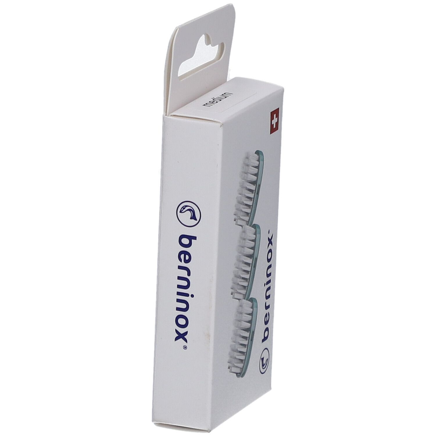 Vue latérale de l'emballage de 3 têtes de brosse à dents. Marque : berninox. Croix suisse.