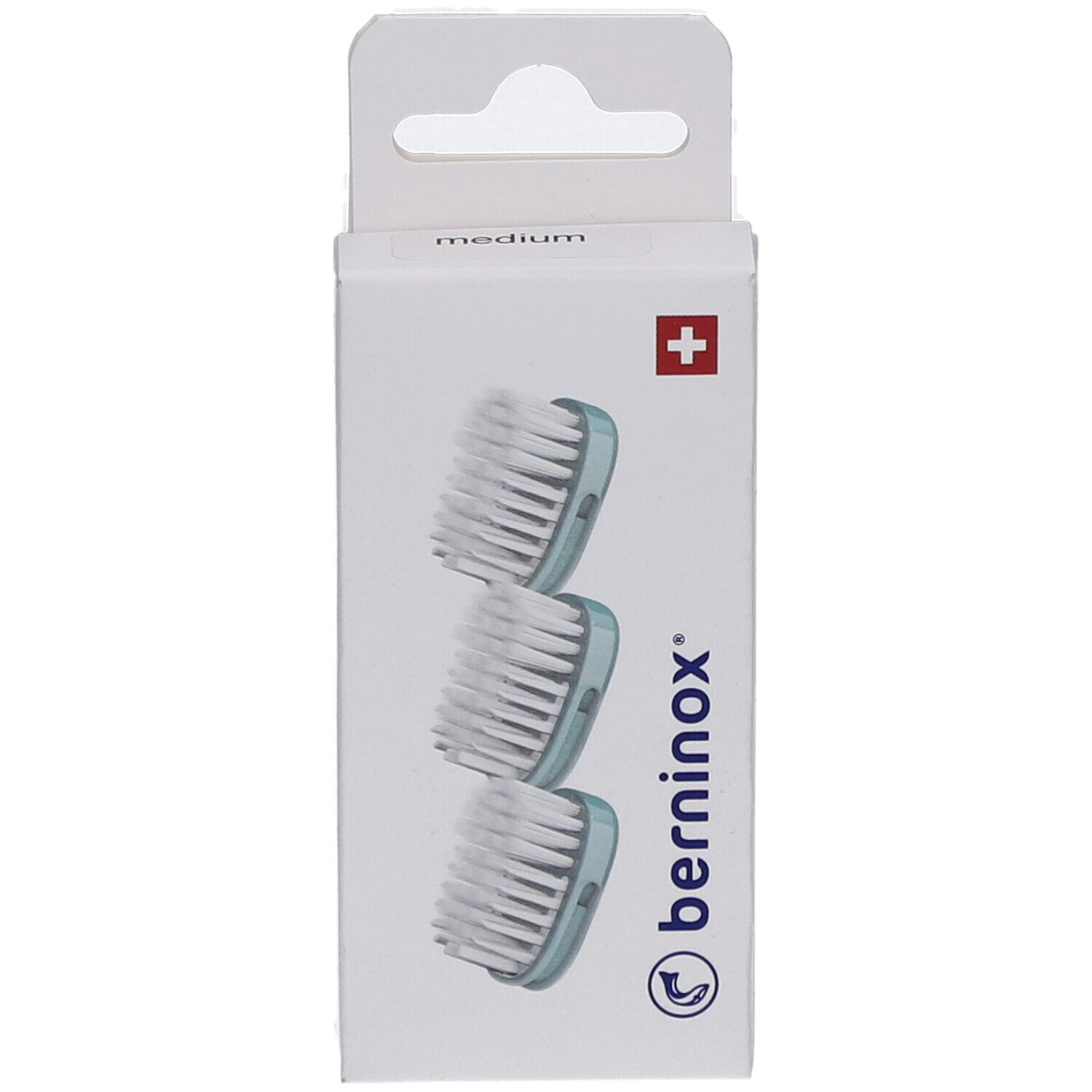 Boîte de 3 têtes de brosse à dents de rechange, vert glacier, medium. Croix suisse. Marque : berninox.