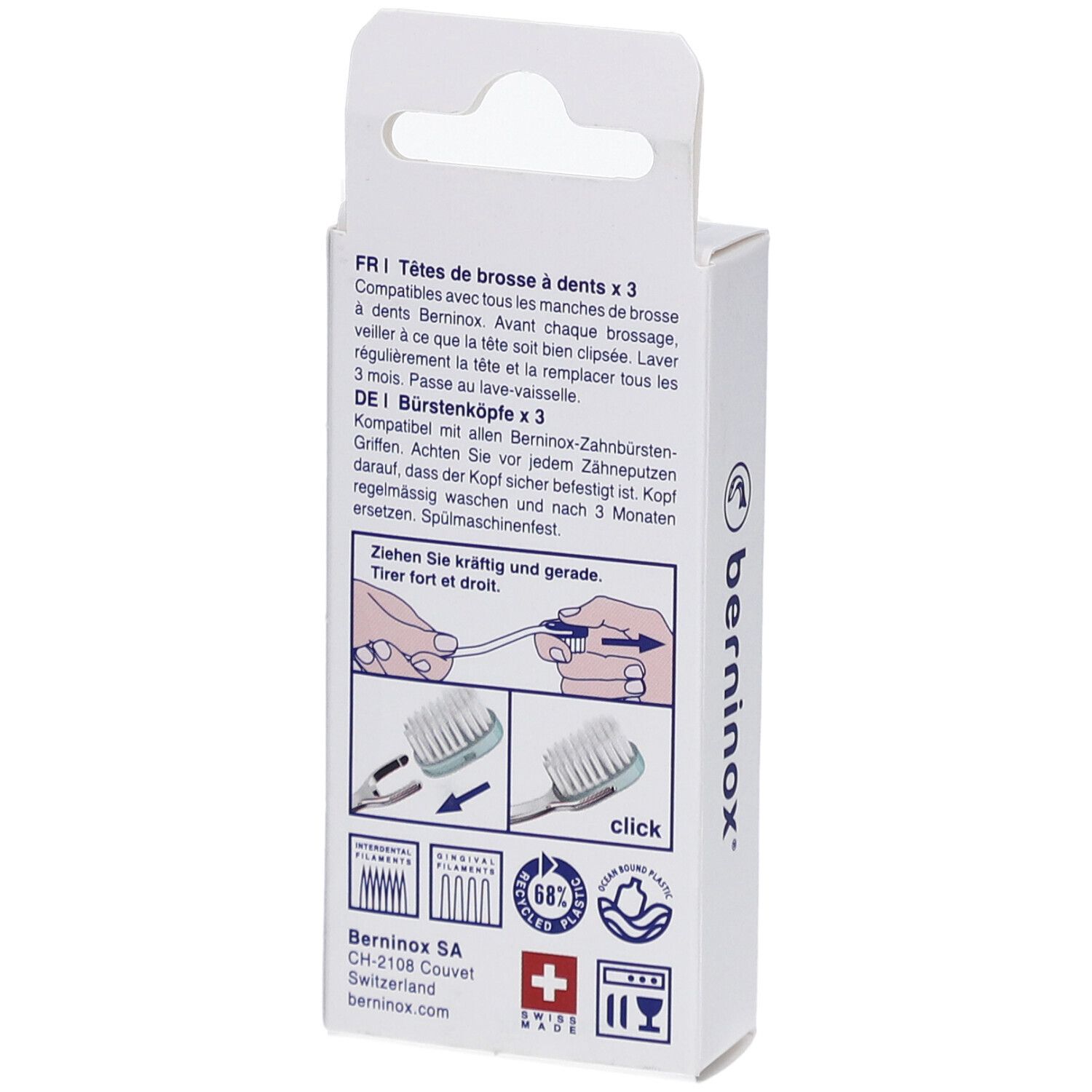 Dos de la boîte avec texte et illustrations. Logo Berninox, croix suisse et instructions.