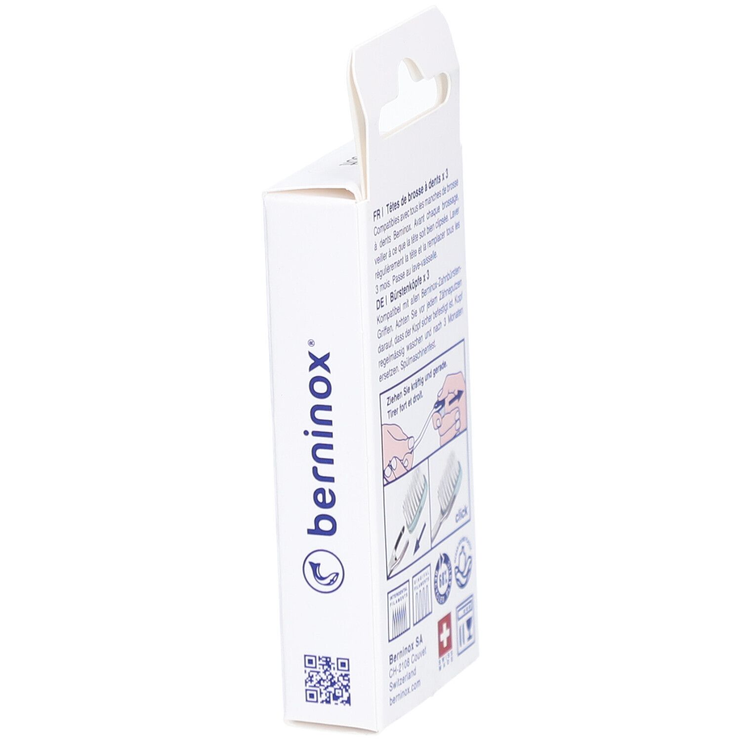 Vue latérale de la boîte avec texte et logo. Logo Berninox, croix suisse et QR code.
