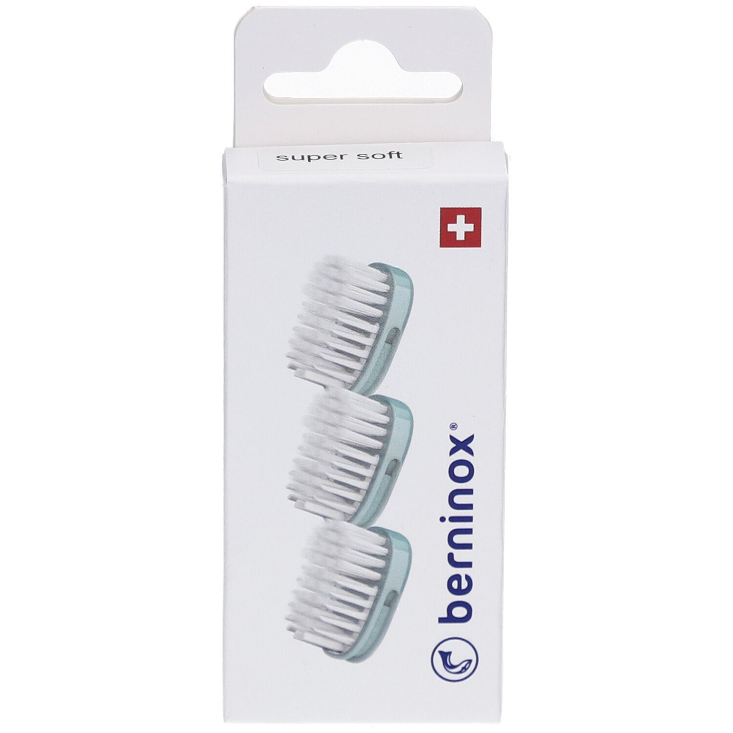 Boîte de 3 têtes de brosse à dents. Eisberggrün, super soft. Logo Berninox et croix suisse.