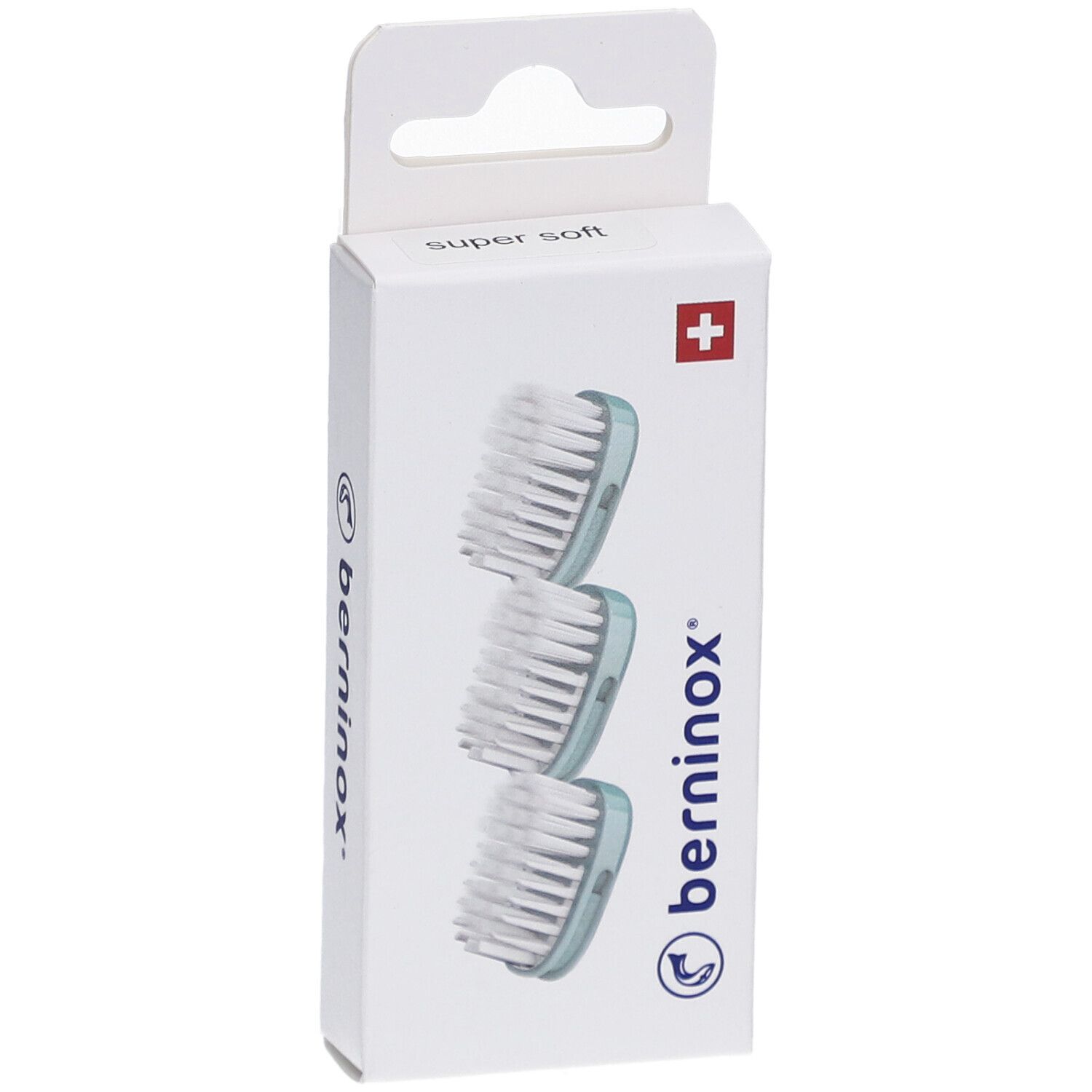 Boîte de 3 têtes de brosse à dents. Eisberggrün, super soft. Logo Berninox et croix suisse.