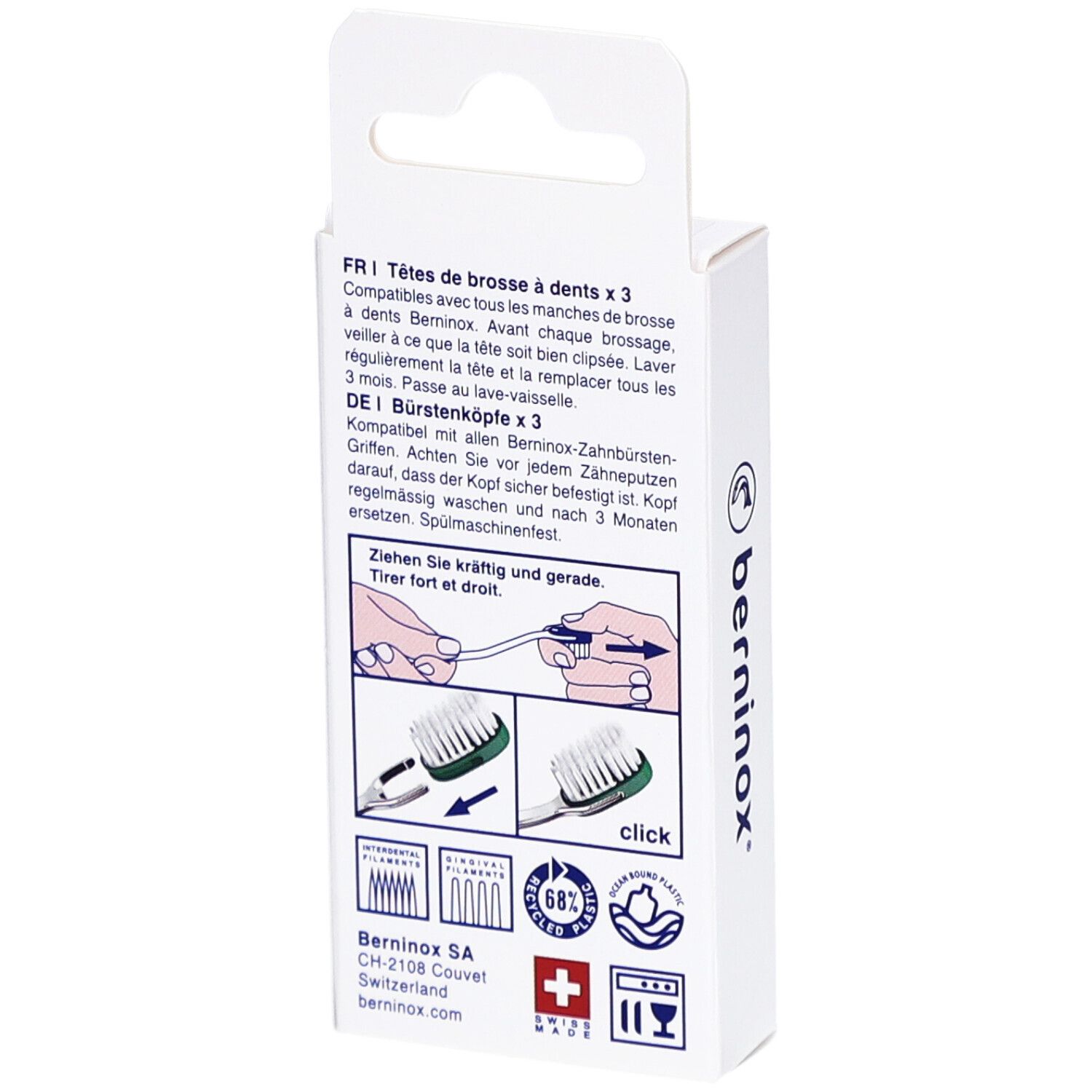 Rückseite der Verpackung mit Produktinformationen. Marke: berninox, Schweizer Kreuz, Piktogramme.