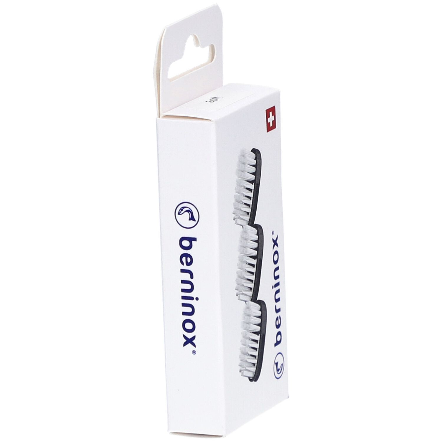 Vue latérale de l'emballage avec 3 têtes de brosse. Logo et croix suisse visibles.
