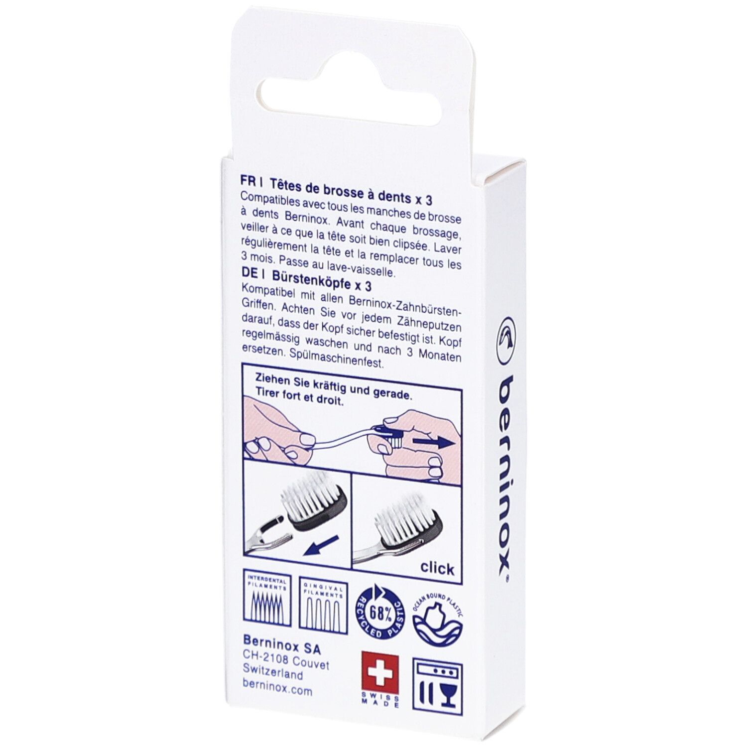 Dos de l'emballage avec informations et instructions. Logo et croix suisse.