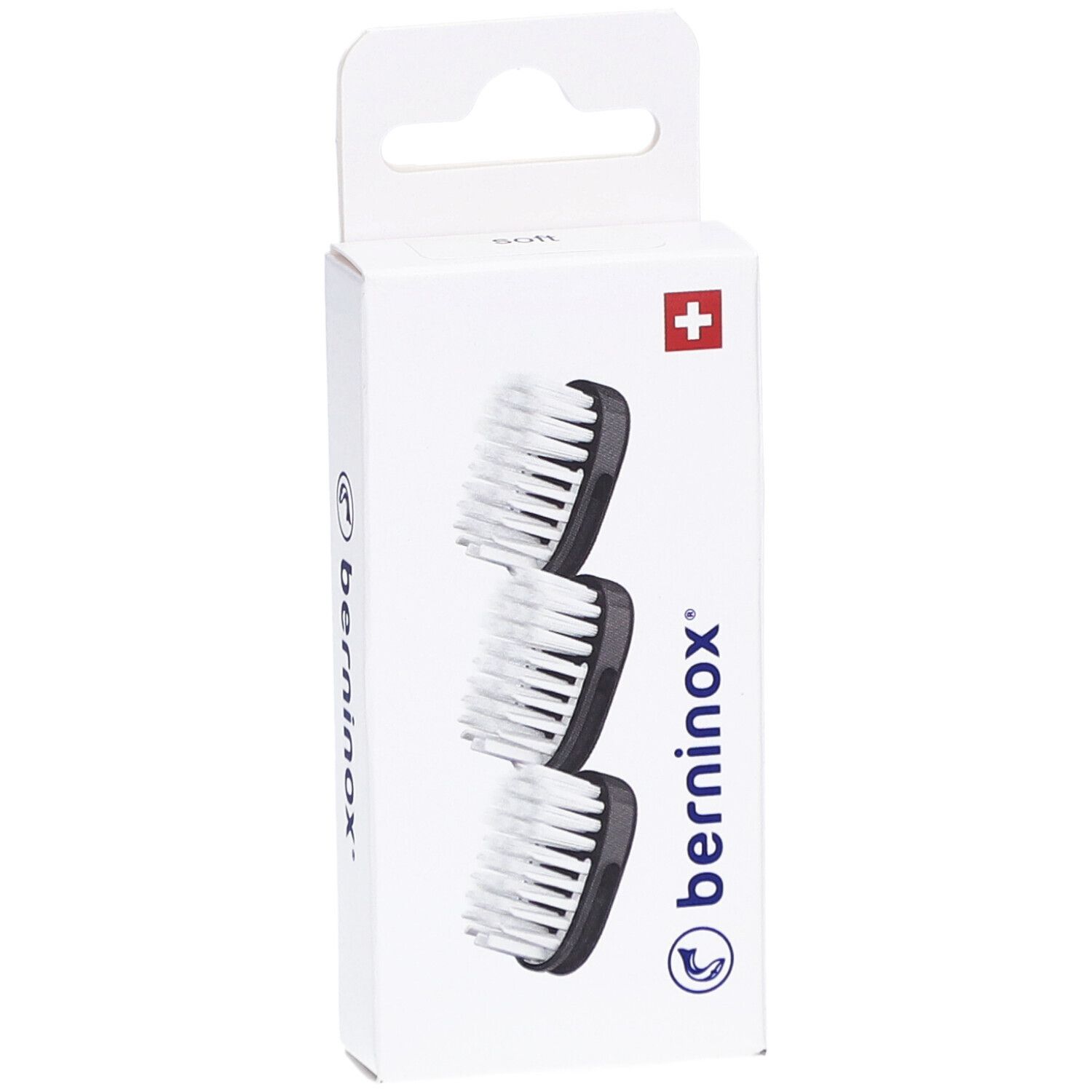 Emballage avec 3 têtes de brosse. Support noir, poils blancs. Croix suisse.
