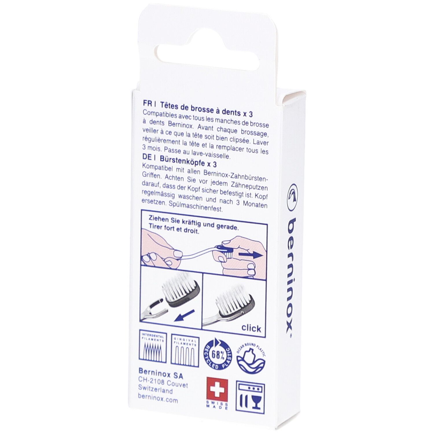 Dos de la boîte avec informations et instructions. Croix suisse et logo.