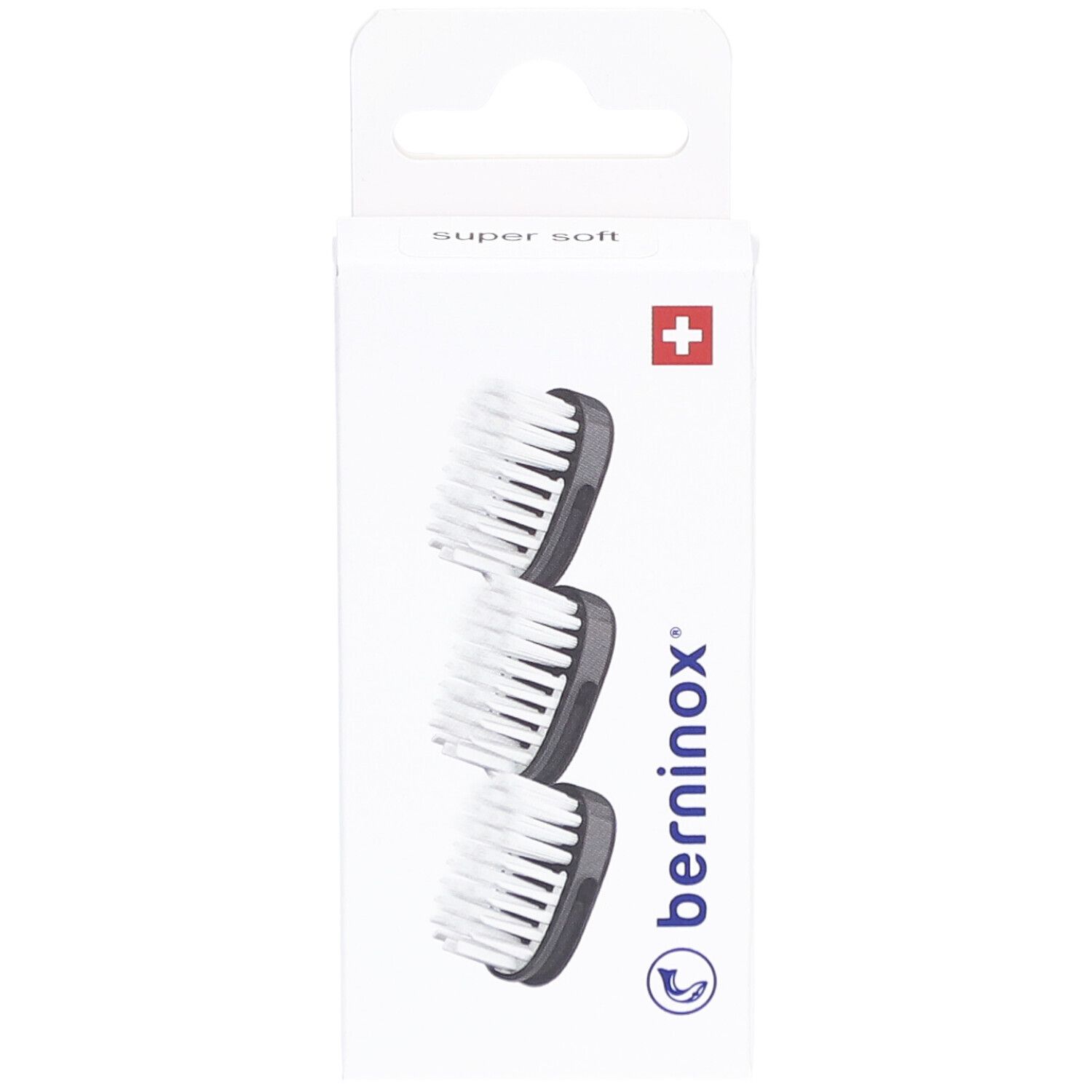 Boîte de 3 têtes de brosse à dents. Têtes noires, soies blanches. Logo et croix suisse.