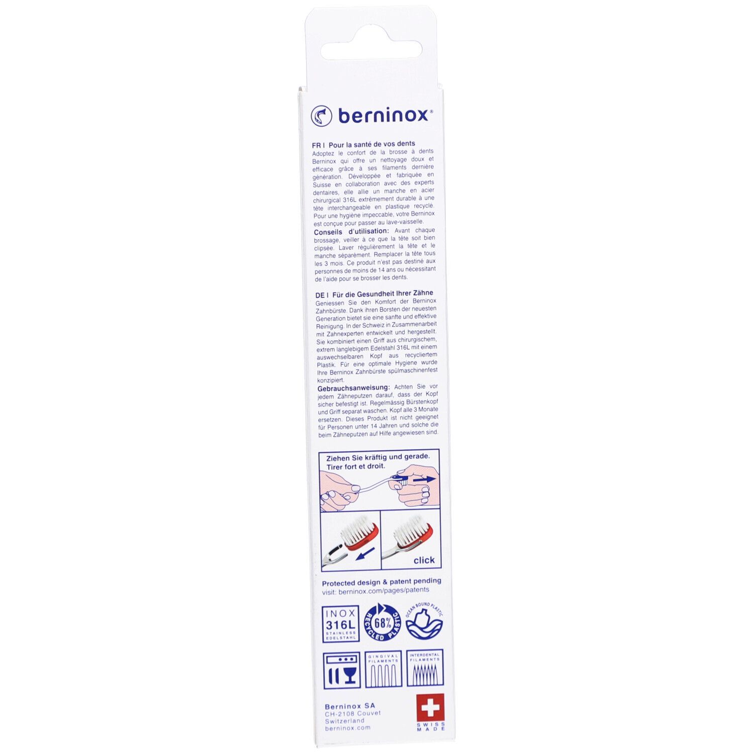 Rückseite der Verpackung. Text in mehreren Sprachen. Illustrationen zur Anwendung. Logos und Zertifizierungen.