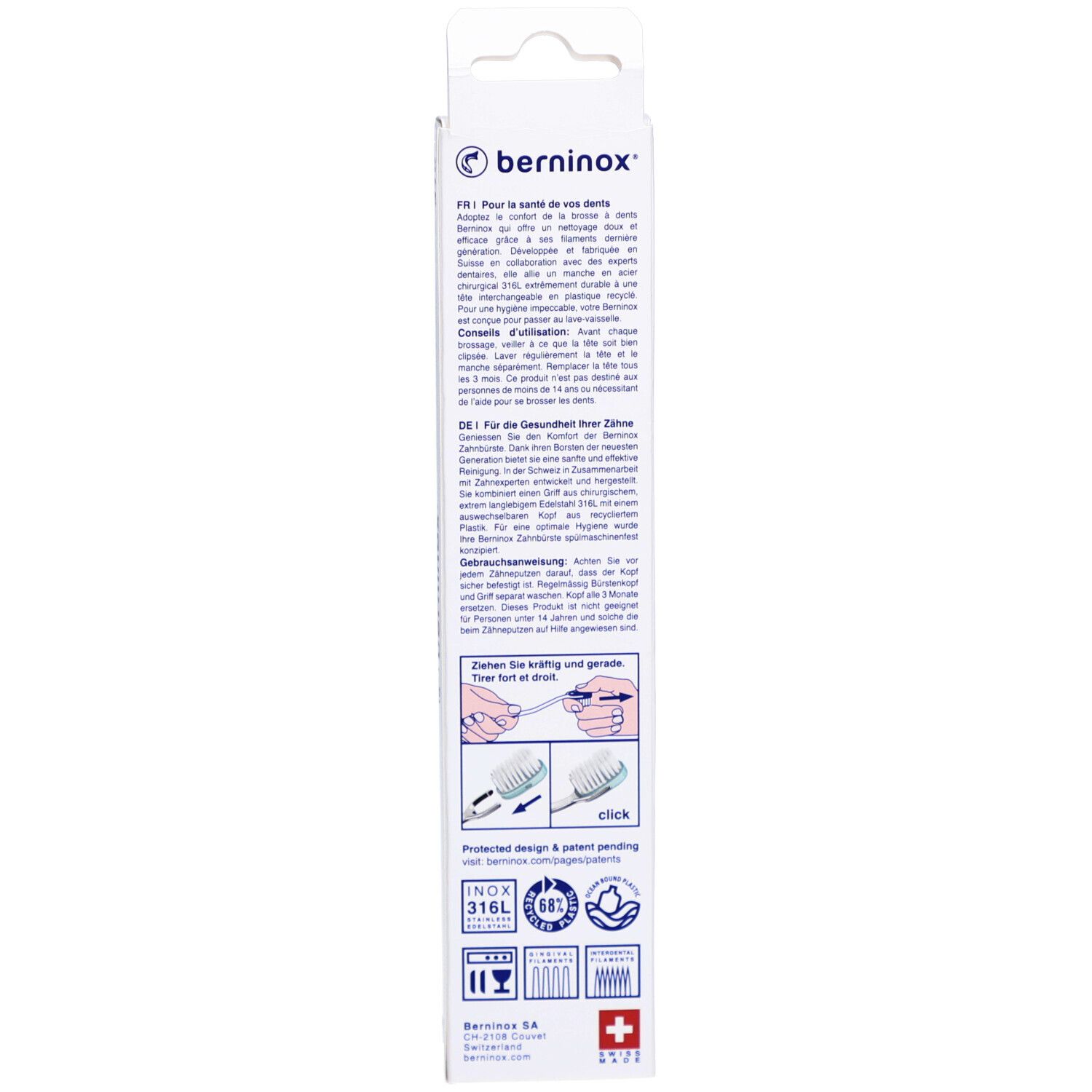 Dos de l'emballage. Texte et illustrations. Logo Berninox. Labels de qualité et croix suisse.