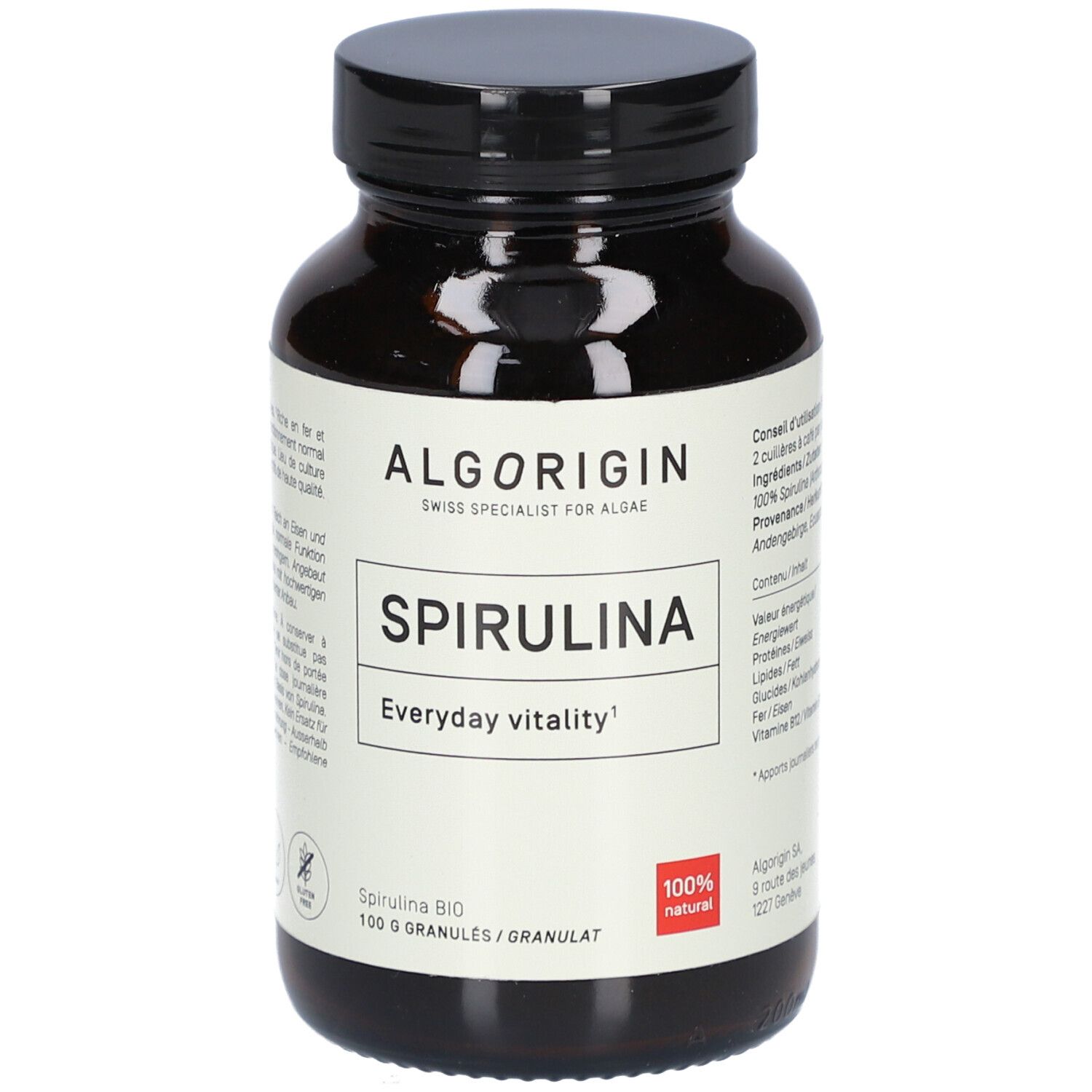 Braune Glasflasche mit schwarzem Deckel. Aufschrift: ALGORIGIN Spirulina, 100% natural. 100 g Granulat.