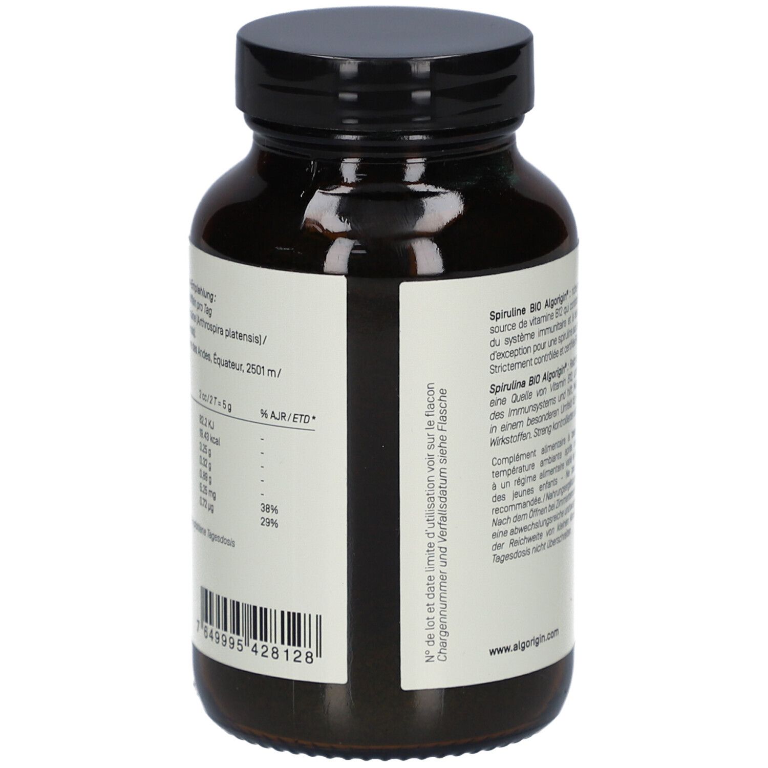 Rückseite der braunen Glasflasche. Text: Nährwertangaben, Chargennummer, Mindesthaltbarkeitsdatum. Vegan-Siegel.