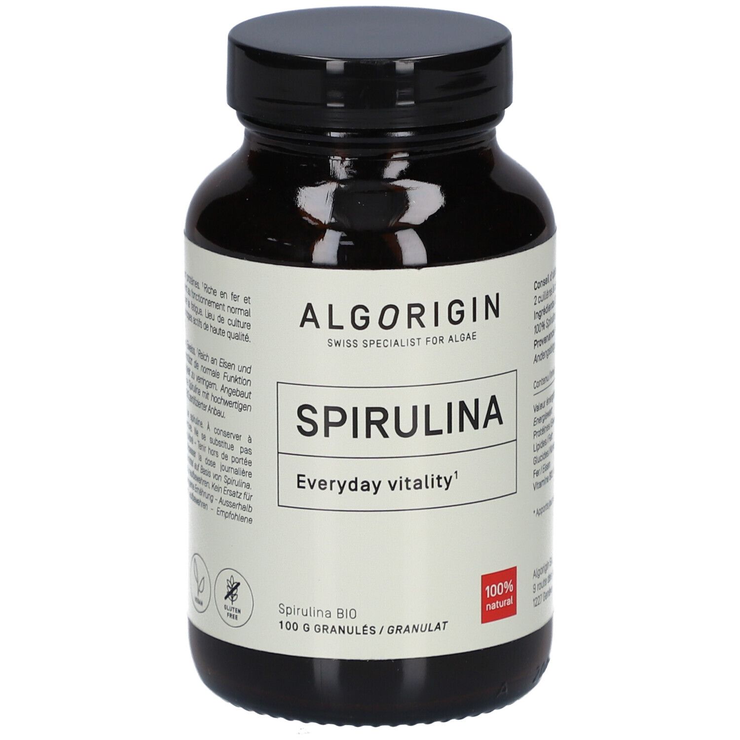 Braune Glasflasche mit schwarzem Deckel. Aufschrift: ALGORIGIN Spirulina, 100% natural. 100 g Granulat.