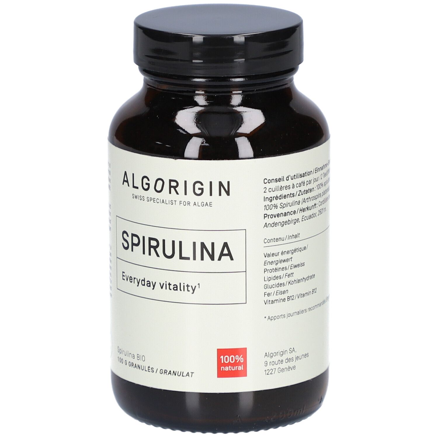 Braune Glasflasche mit schwarzem Deckel. Aufschrift: ALGORIGIN Spirulina, 100% natural. 100 g Granulat.