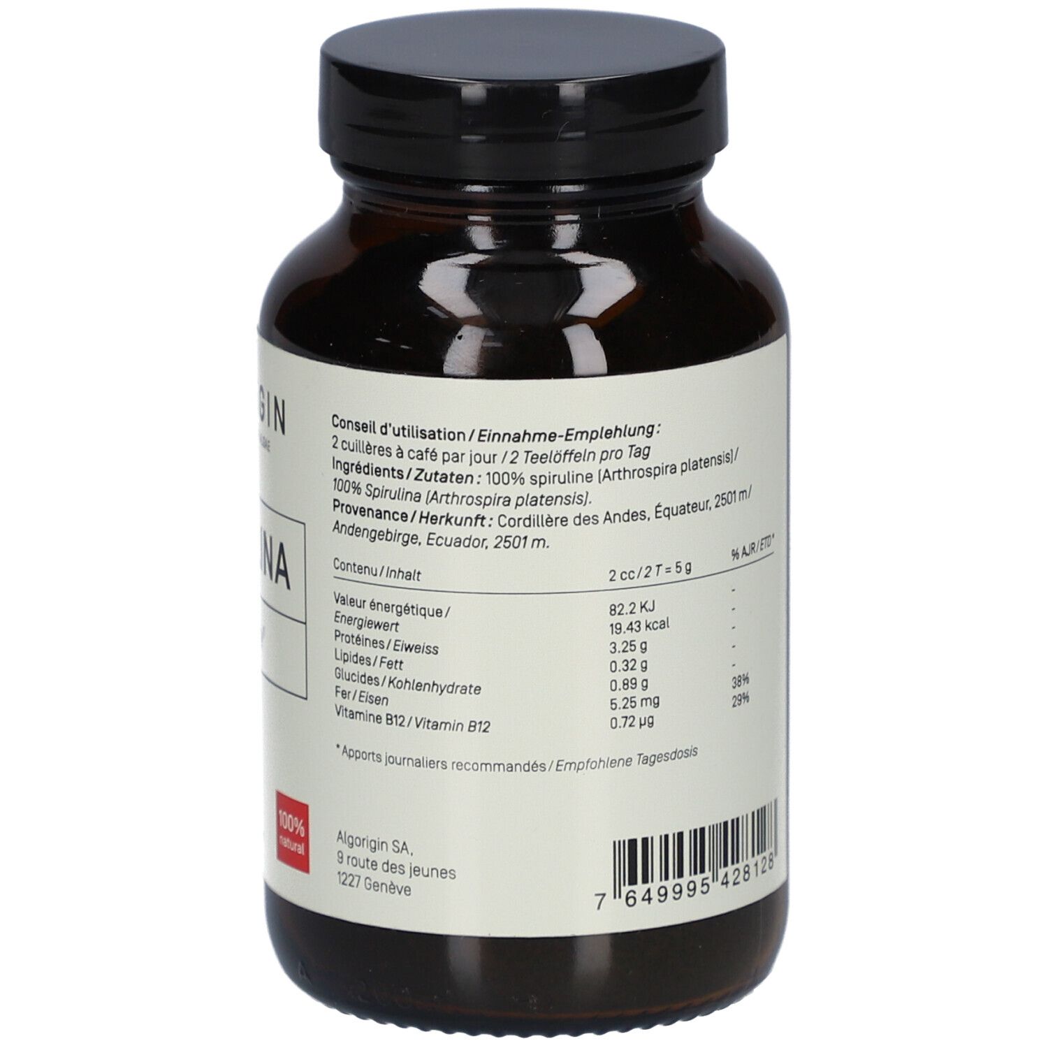 Rückseite der braunen Glasflasche. Text: Dosierung, Inhaltsstoffe, Nährwertangaben. 100% Spirulina.