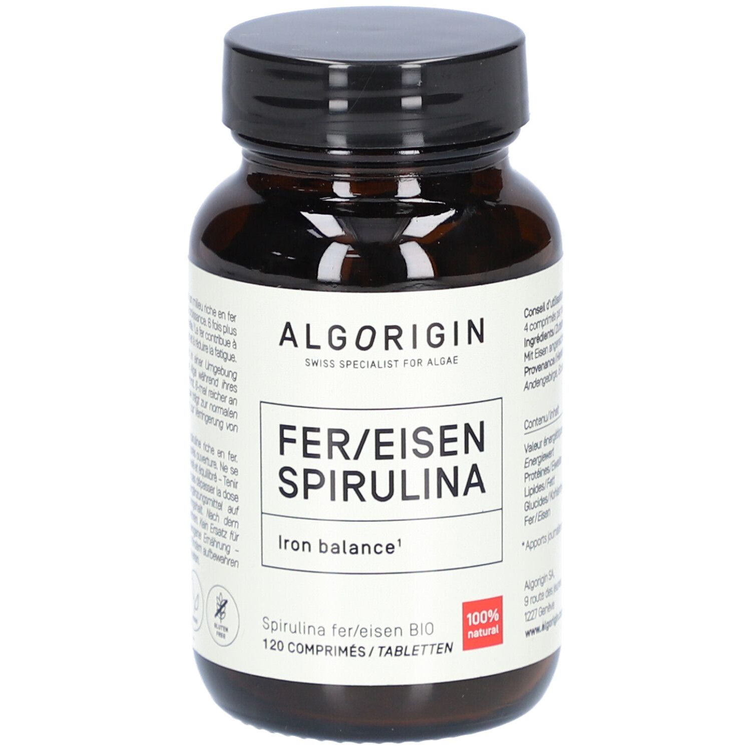 Flacon en verre brun avec bouchon noir. Inscription: ALGORIGIN, FER/EISEN SPIRULINA, 120 comprimés. 100% naturel.