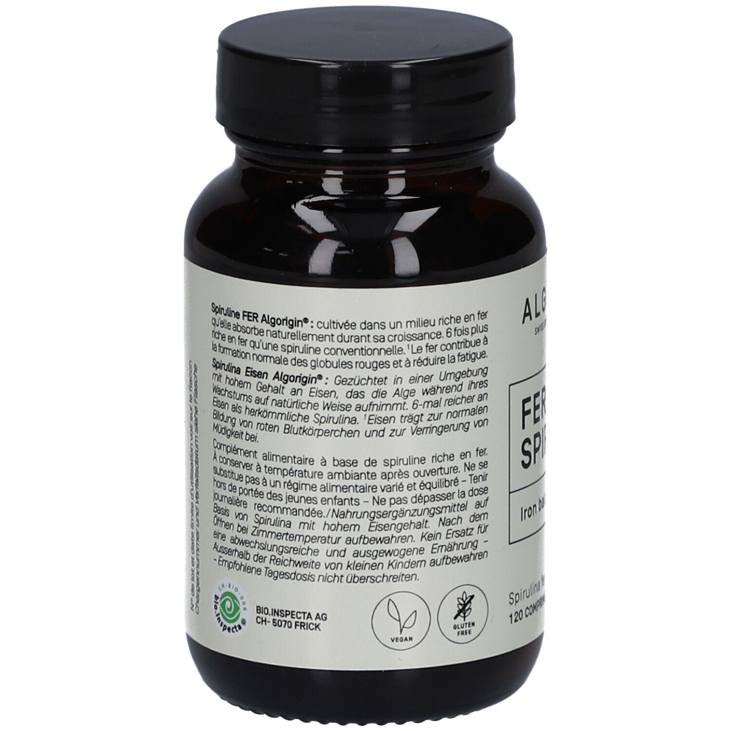 Dos du flacon en verre brun. Texte: Spirulina FER Algorigin, logo BIO-Inspecta, vegan, 120 comp. Durée de conservation.
