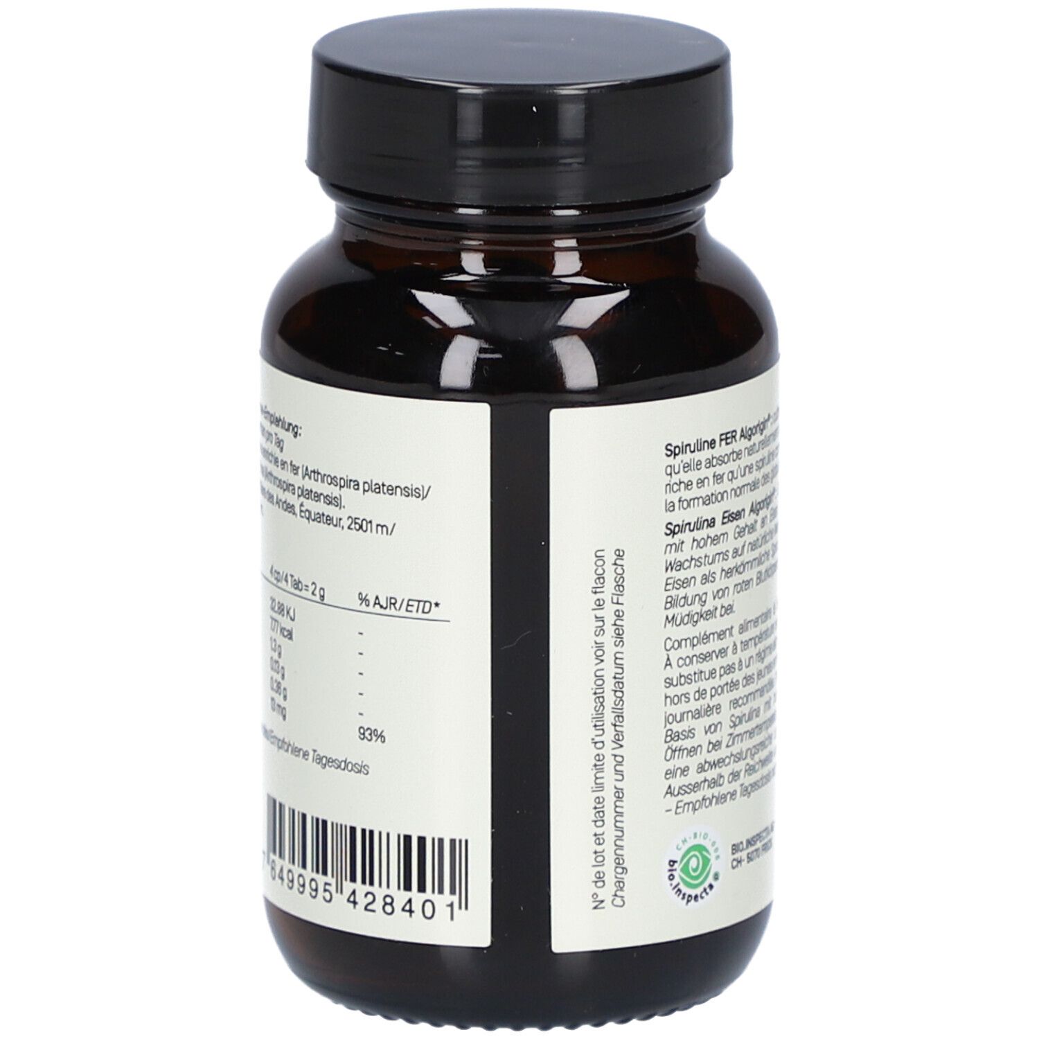 Dos du flacon en verre brun. Texte: informations nutritionnelles, numéro de lot, date de péremption, code-barres.