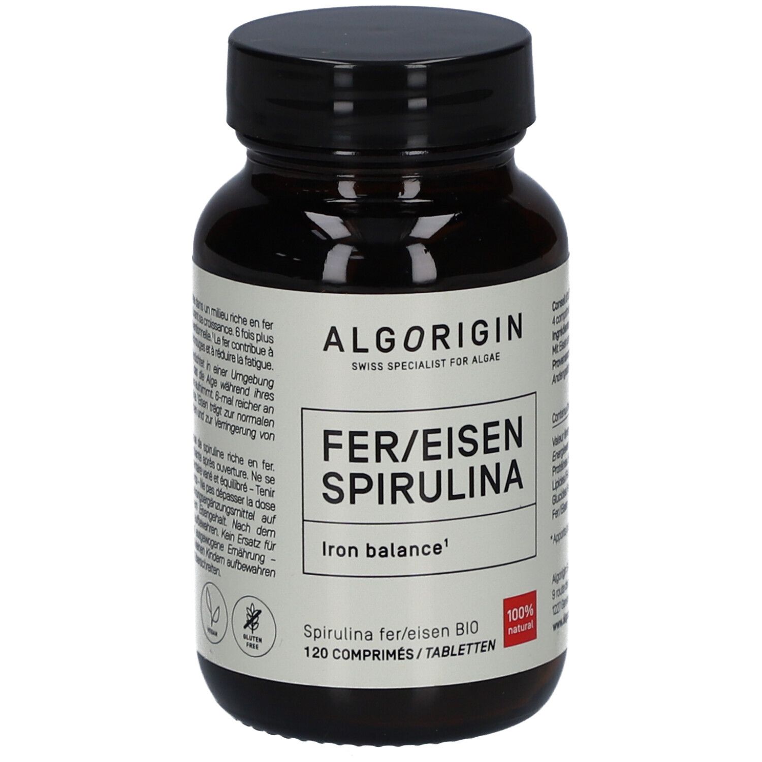 Flacon en verre brun avec bouchon noir. Inscription: ALGORIGIN, FER/EISEN SPIRULINA, 120 comprimés. 100% naturel.