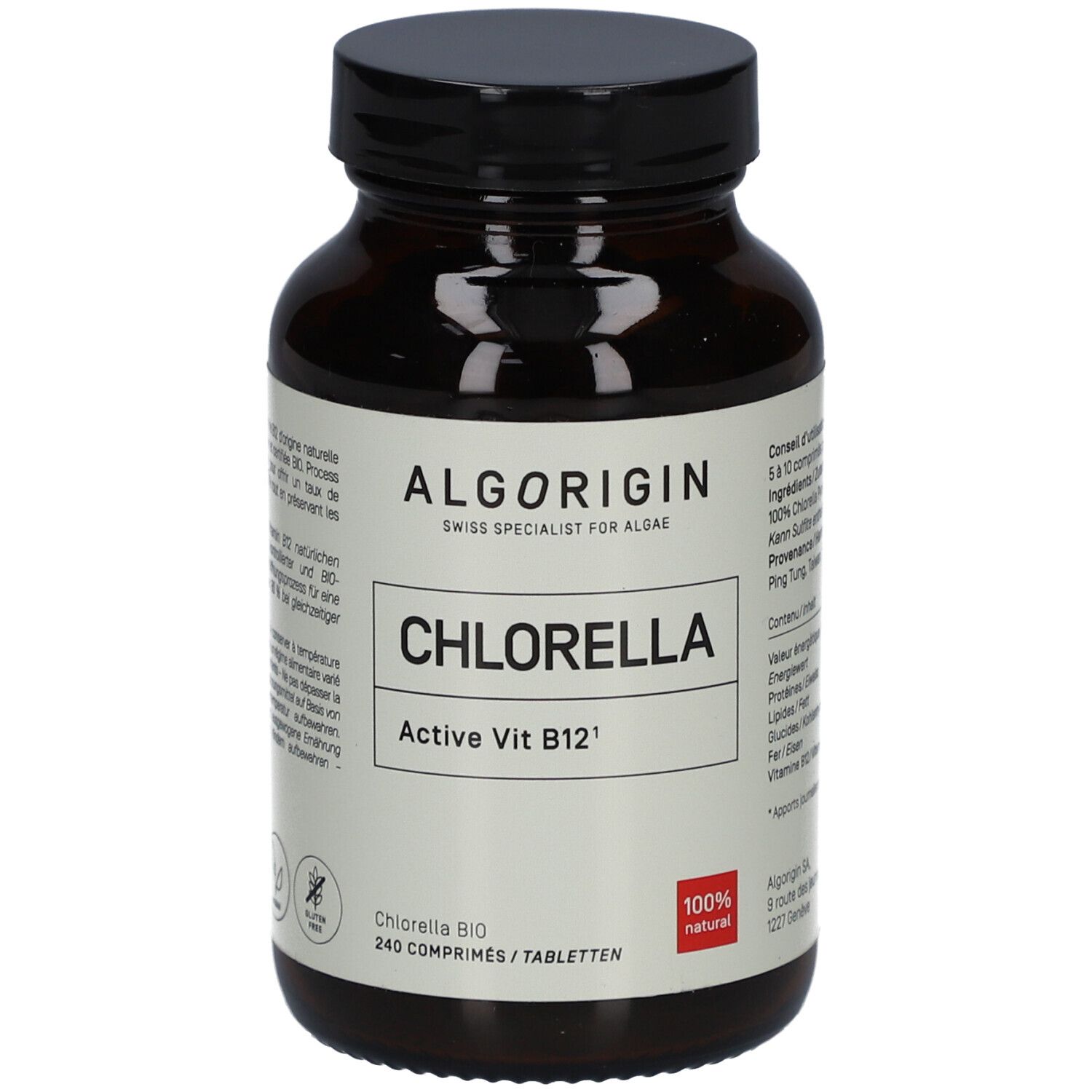 Flacon en verre brun, bouchon noir. Étiquette ALGORIGIN, Chlorella, Active Vit B12. 240 comprimés, 100% naturel.