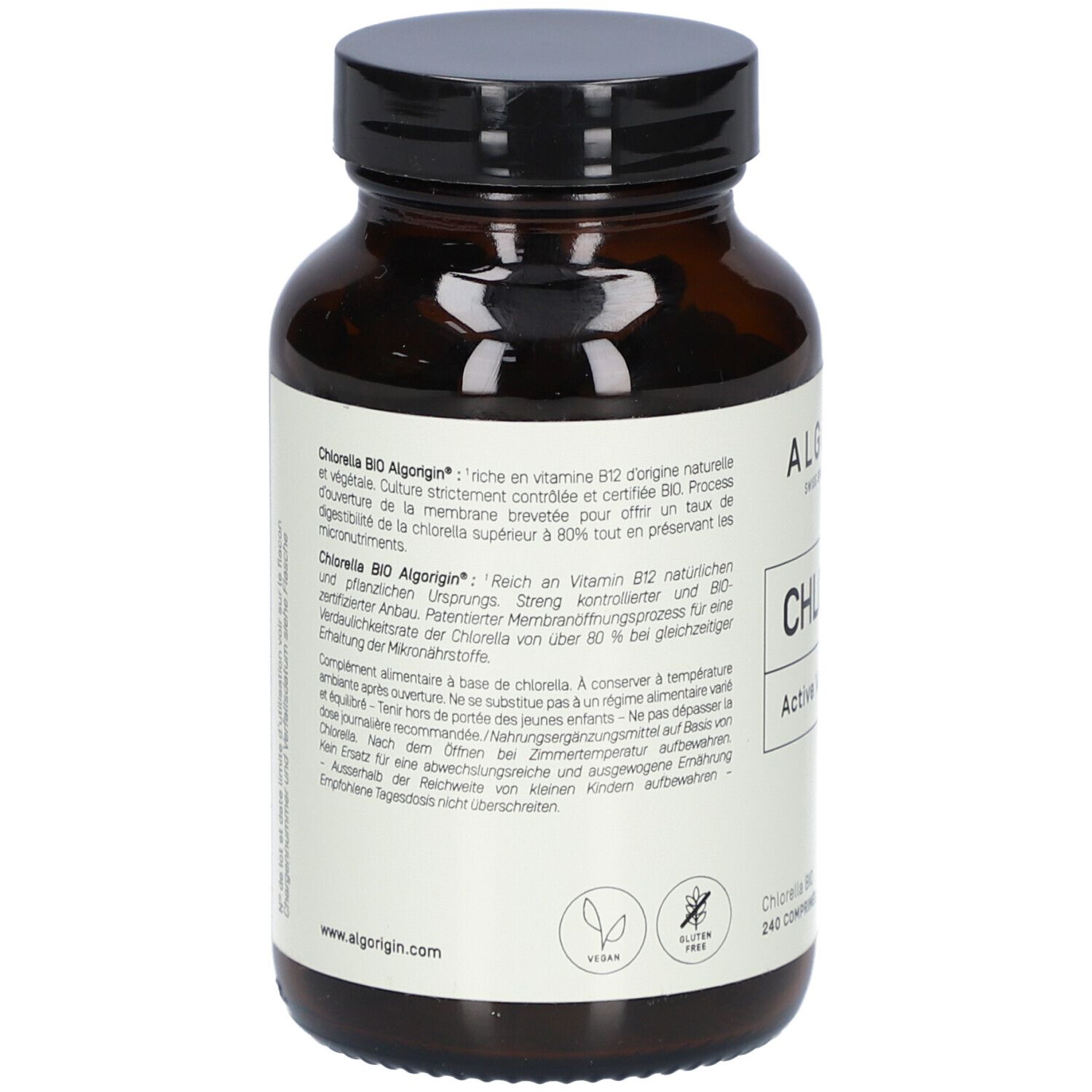 Dos du flacon en verre brun. Étiquette avec texte, symboles Vegan et Sans gluten. Marque : ALGORIGIN. 240 comprimés.