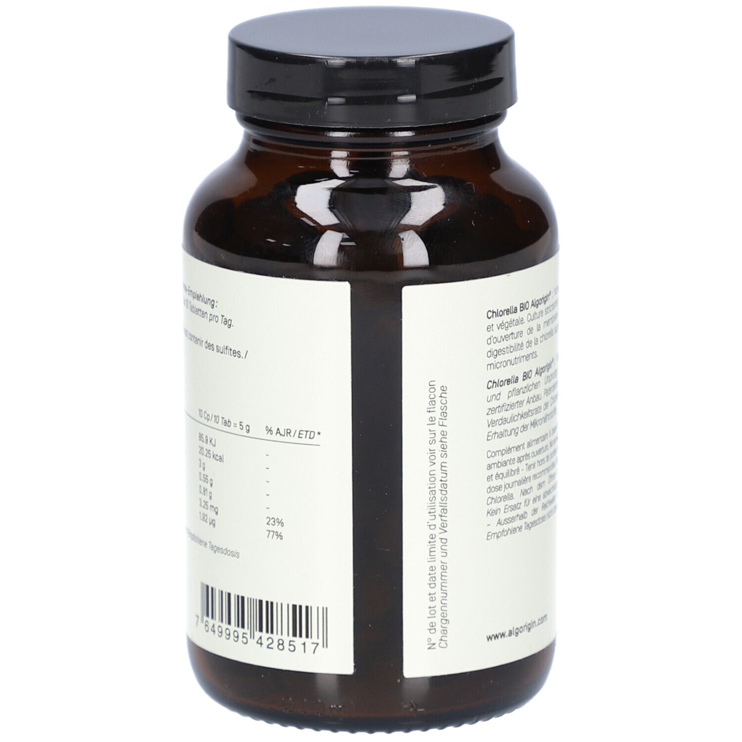 Flacon en verre brun, vue latérale. Étiquette avec informations nutritionnelles. Marque : ALGORIGIN. 240 comprimés.