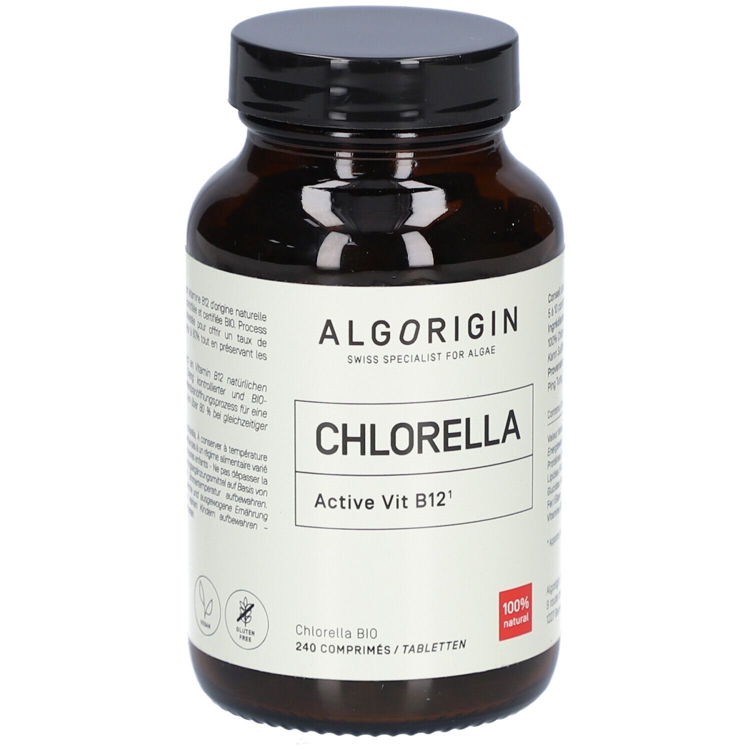 Flacon en verre brun, bouchon noir. Étiquette ALGORIGIN, Chlorella, Active Vit B12. 240 comprimés, 100% naturel.
