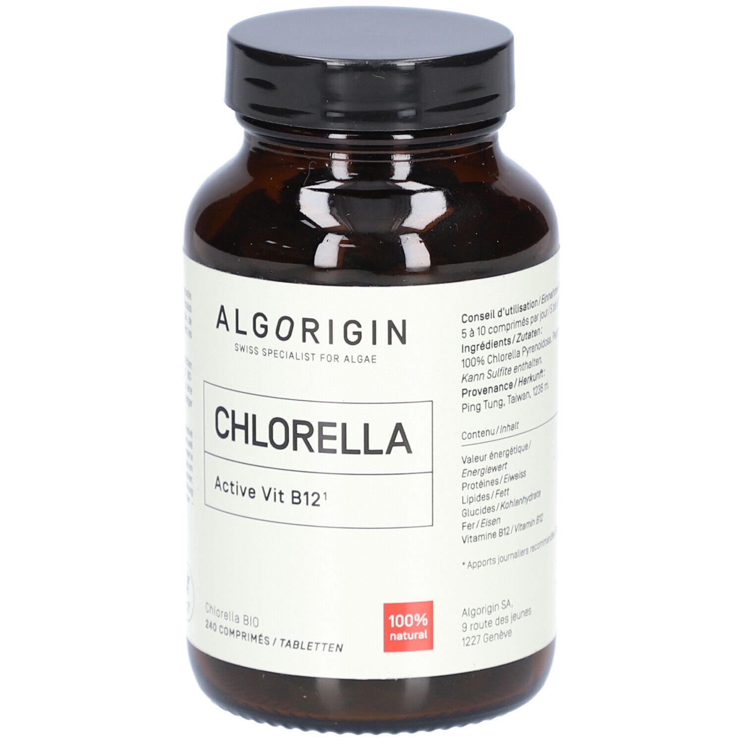 Flacon en verre brun, bouchon noir. Étiquette ALGORIGIN, Chlorella, Active Vit B12. 240 comprimés, 100% naturel.