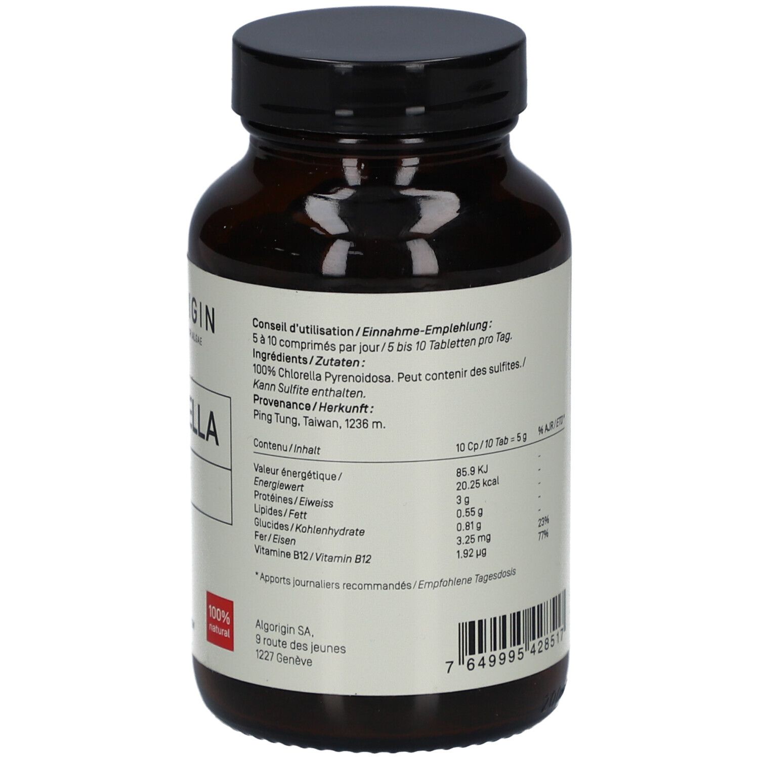 Flacon en verre brun, dos. Étiquette avec ingrédients, informations nutritionnelles. Marque : ALGORIGIN. 240 comprimés.