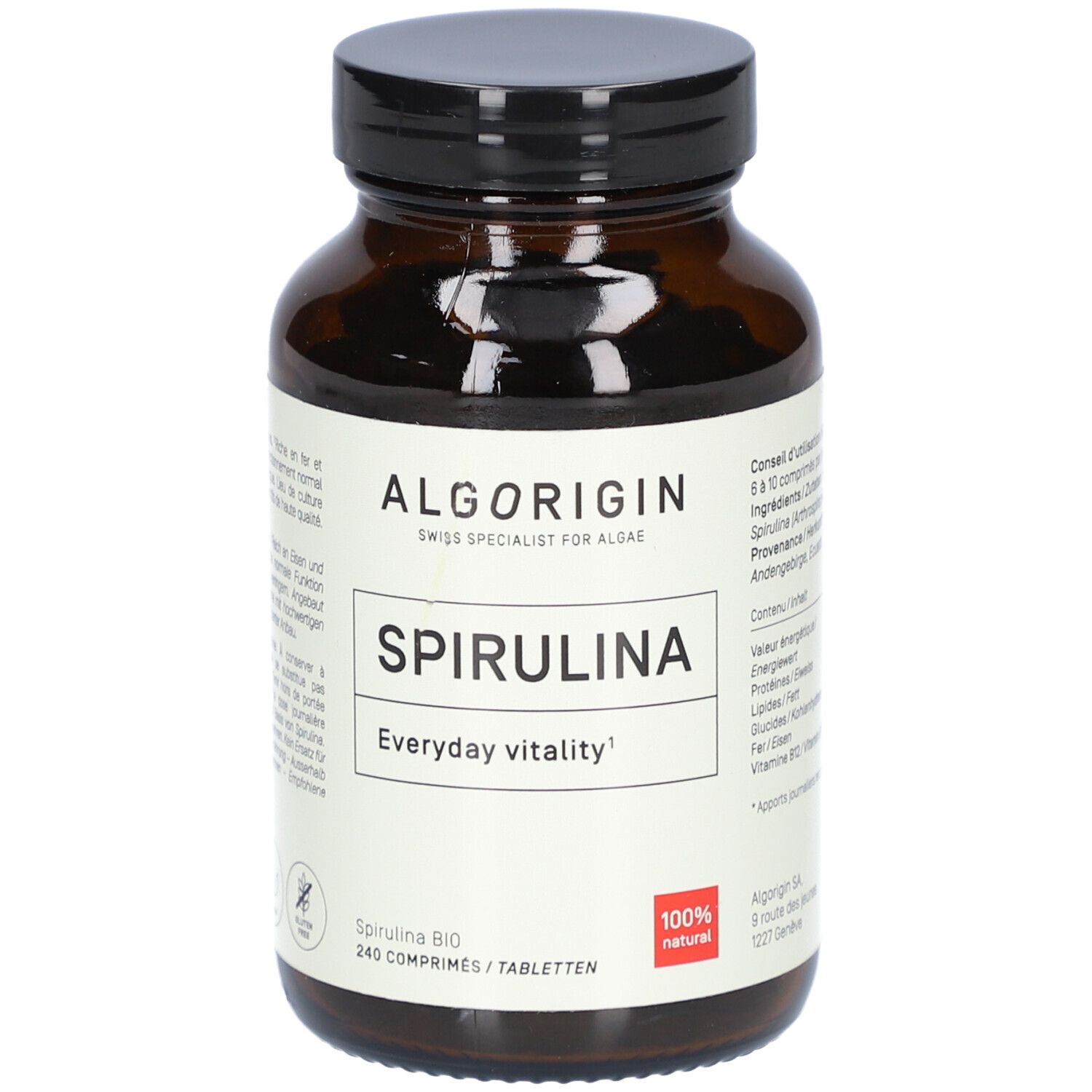 Braune Glasflasche mit schwarzem Deckel. Etikett mit ALGORIGIN, SPIRULINA, 240 Tabletten. 100% natürlich.