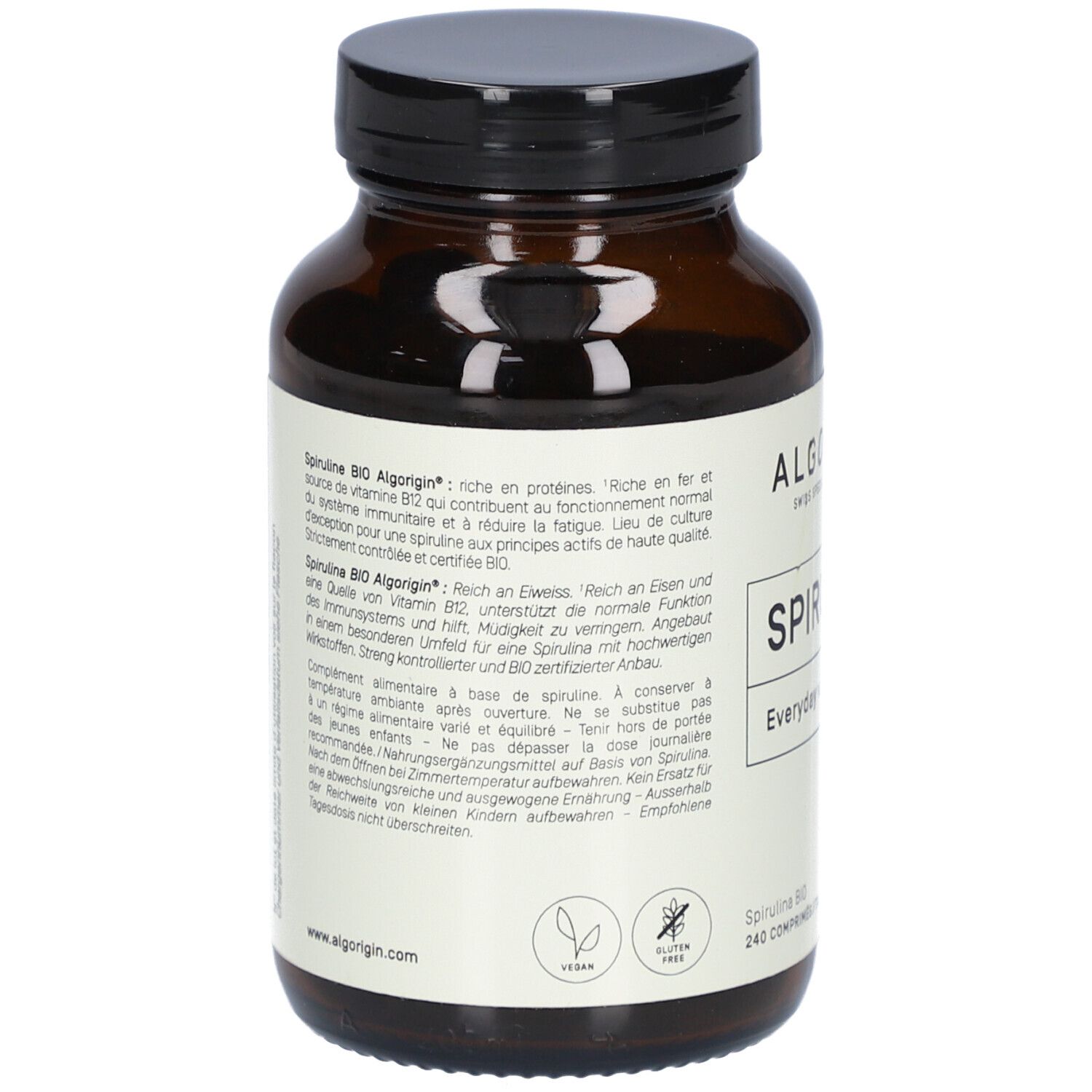 Rückseite der braunen Glasflasche. Etikett mit Informationen zu Spirulina, vegan, glutenfrei. 240 Tabletten.