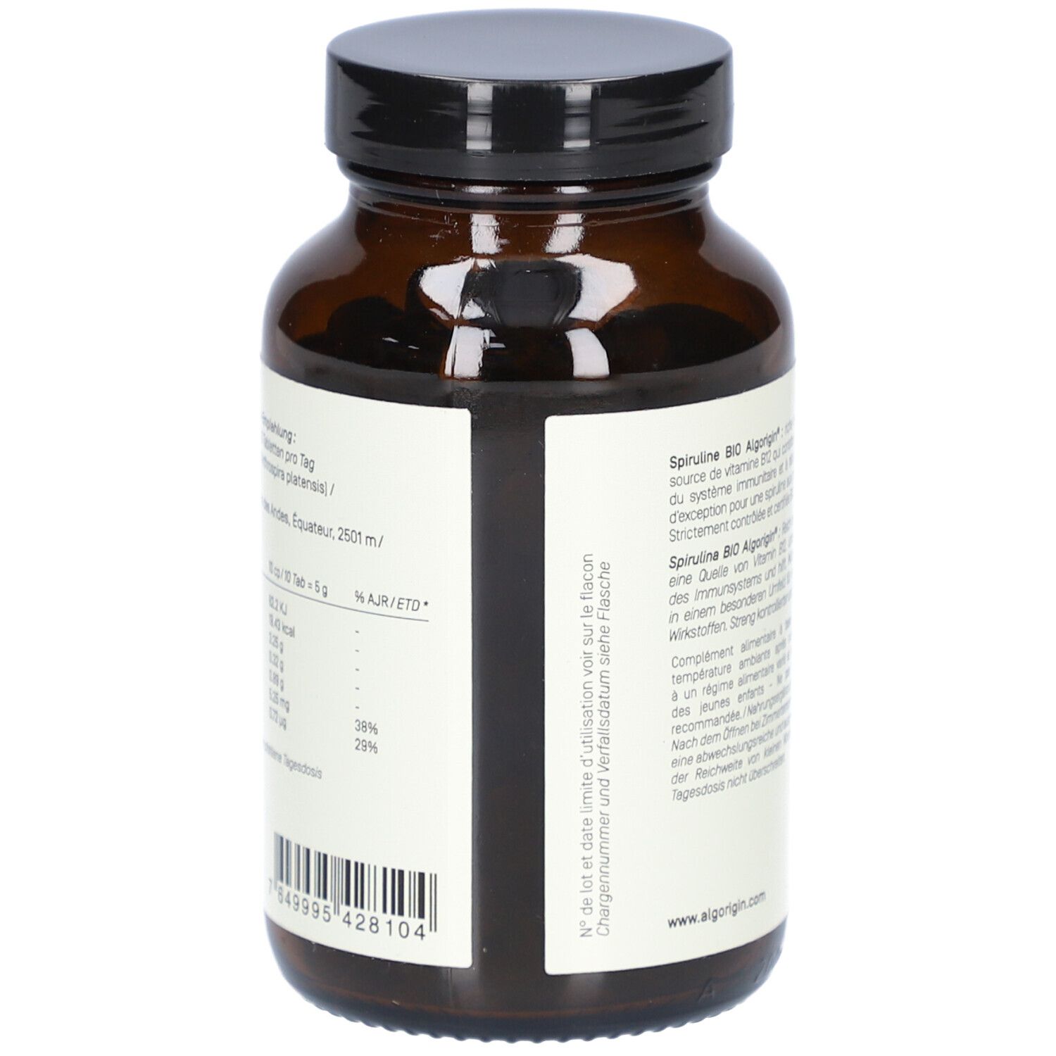 Rückseite der braunen Glasflasche. Etikett mit Nährwertangaben, Chargennummer und Verfallsdatum. 240 Tabletten.