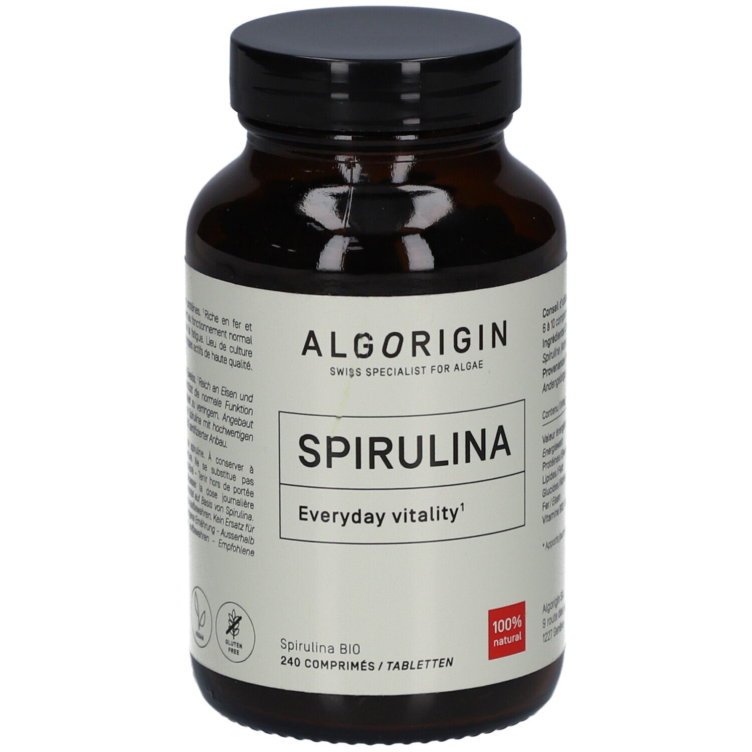 Braune Glasflasche mit schwarzem Deckel. Etikett mit ALGORIGIN, SPIRULINA, 240 Tabletten. 100% natürlich.