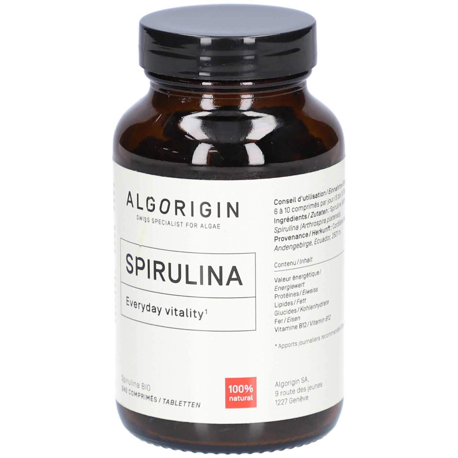 Braune Glasflasche mit schwarzem Deckel. Etikett mit ALGORIGIN, SPIRULINA, 240 Tabletten. 100% natürlich.