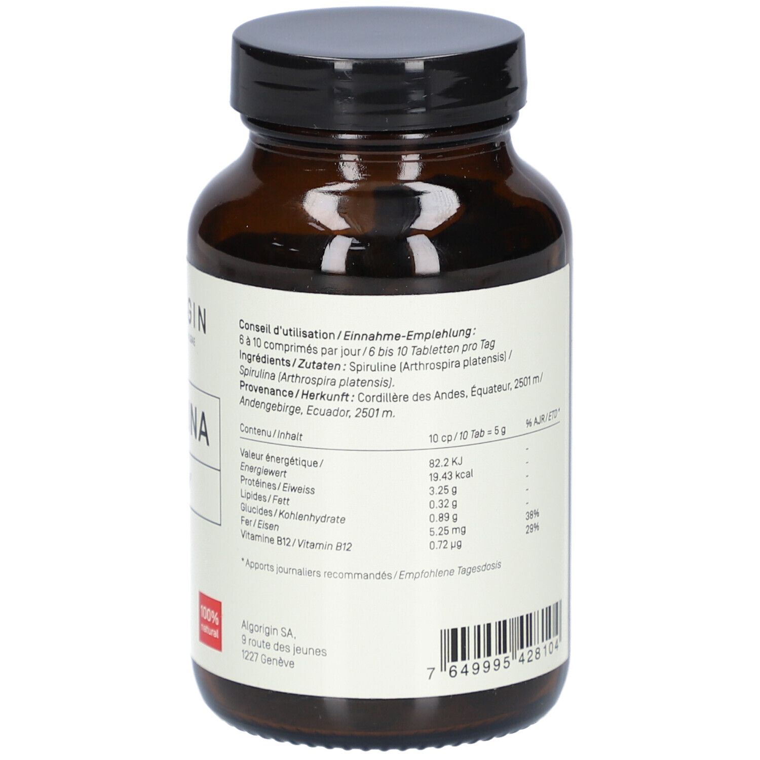 Rückseite der braunen Glasflasche. Etikett mit Nährwertangaben, Chargennummer und Verfallsdatum. 240 Tabletten.