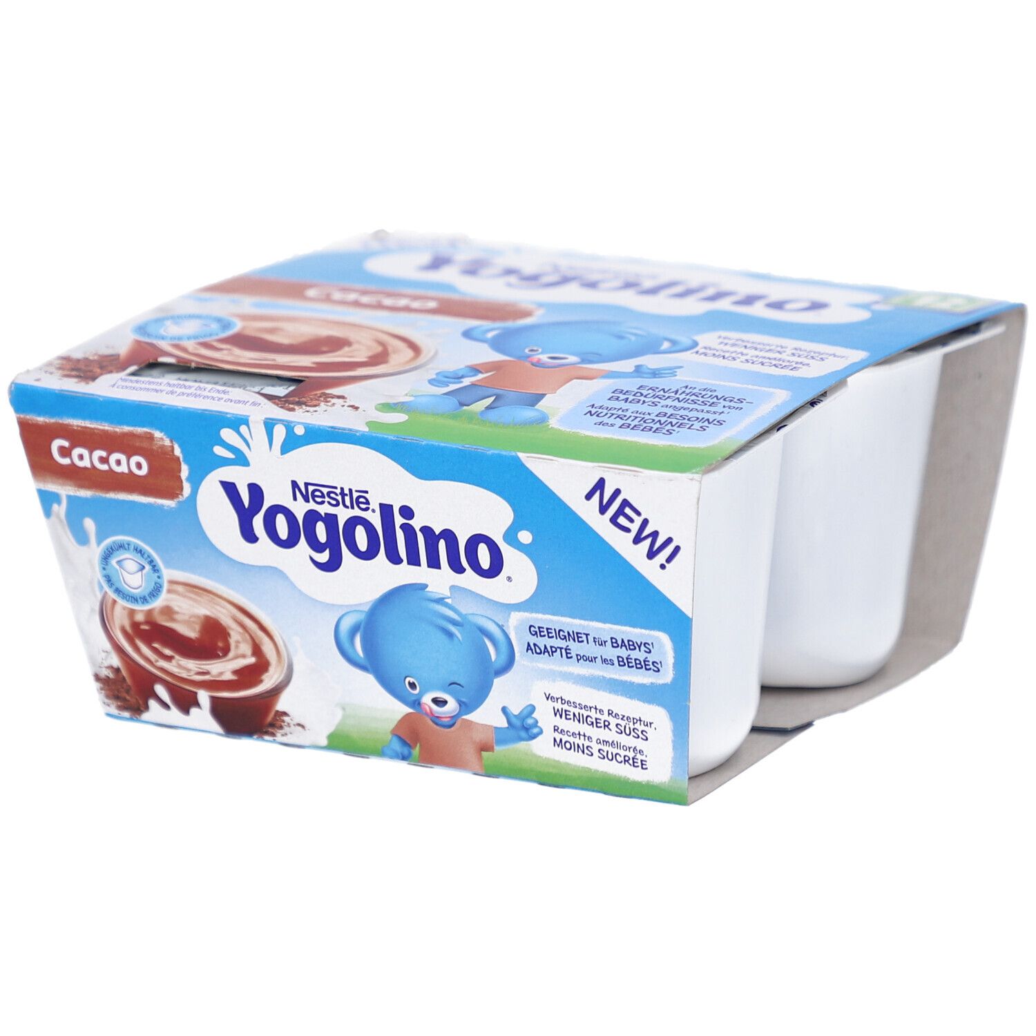 Verpackung mit vier Bechern Yogolino Cacao. Marke Nestle Yogolino. Blaue Verpackung mit Produktabbildung und Text.
