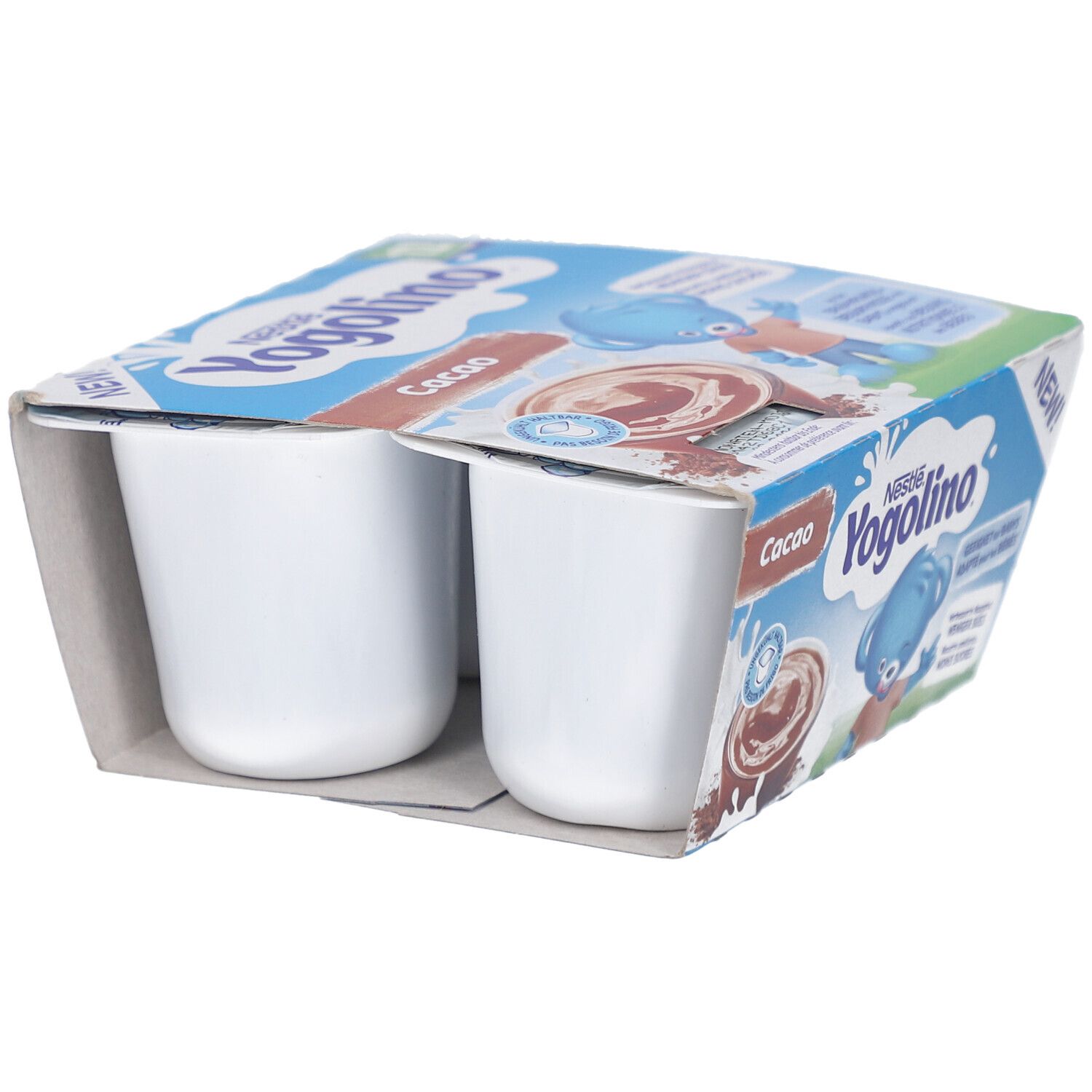 Verpackung mit vier Bechern Yogolino Cacao. Marke Nestle Yogolino. Blaue Verpackung mit Produktabbildung und Text.