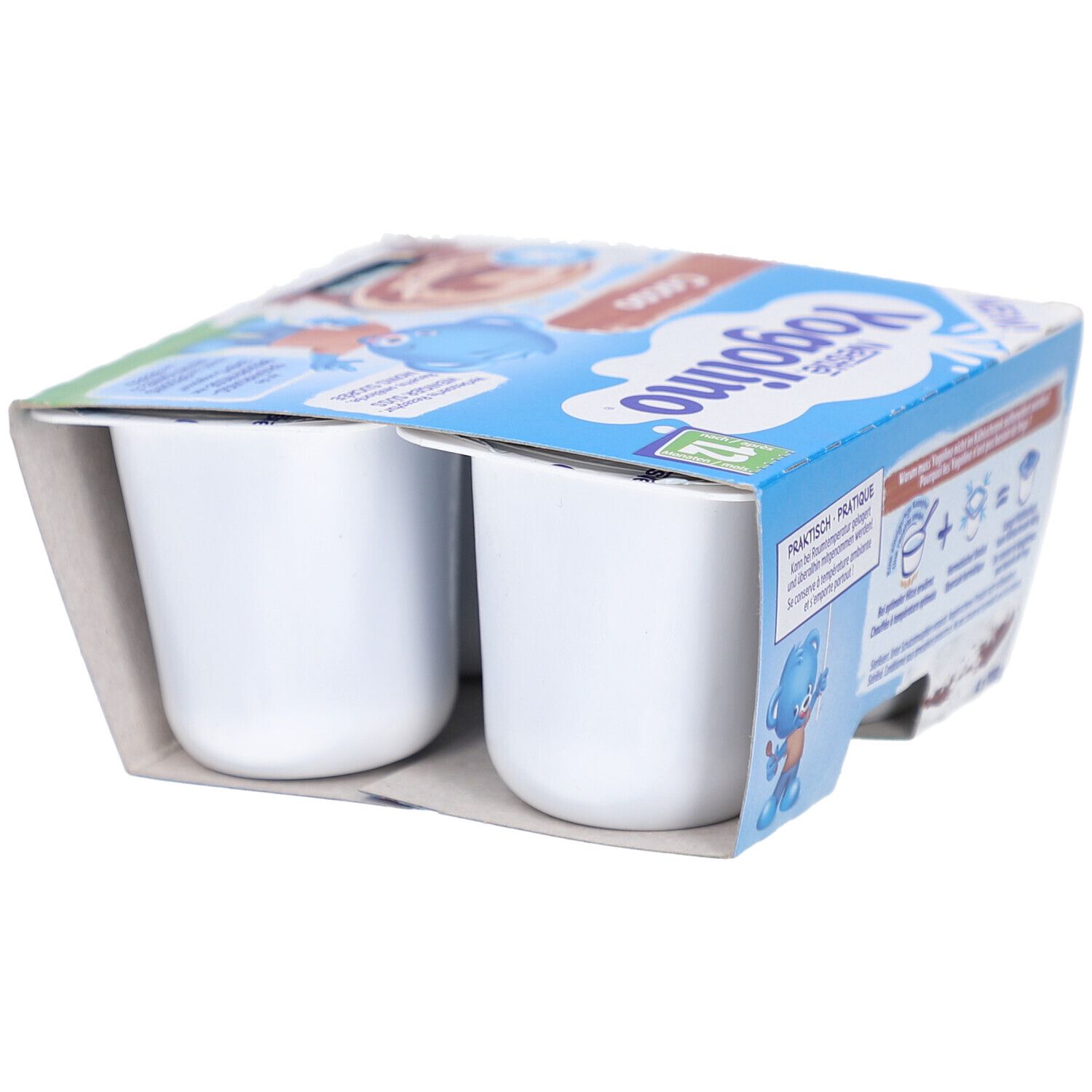 Verpackung mit vier Bechern Yogolino Cacao. Marke Nestle Yogolino. Blaue Verpackung mit Produktabbildung und Text.