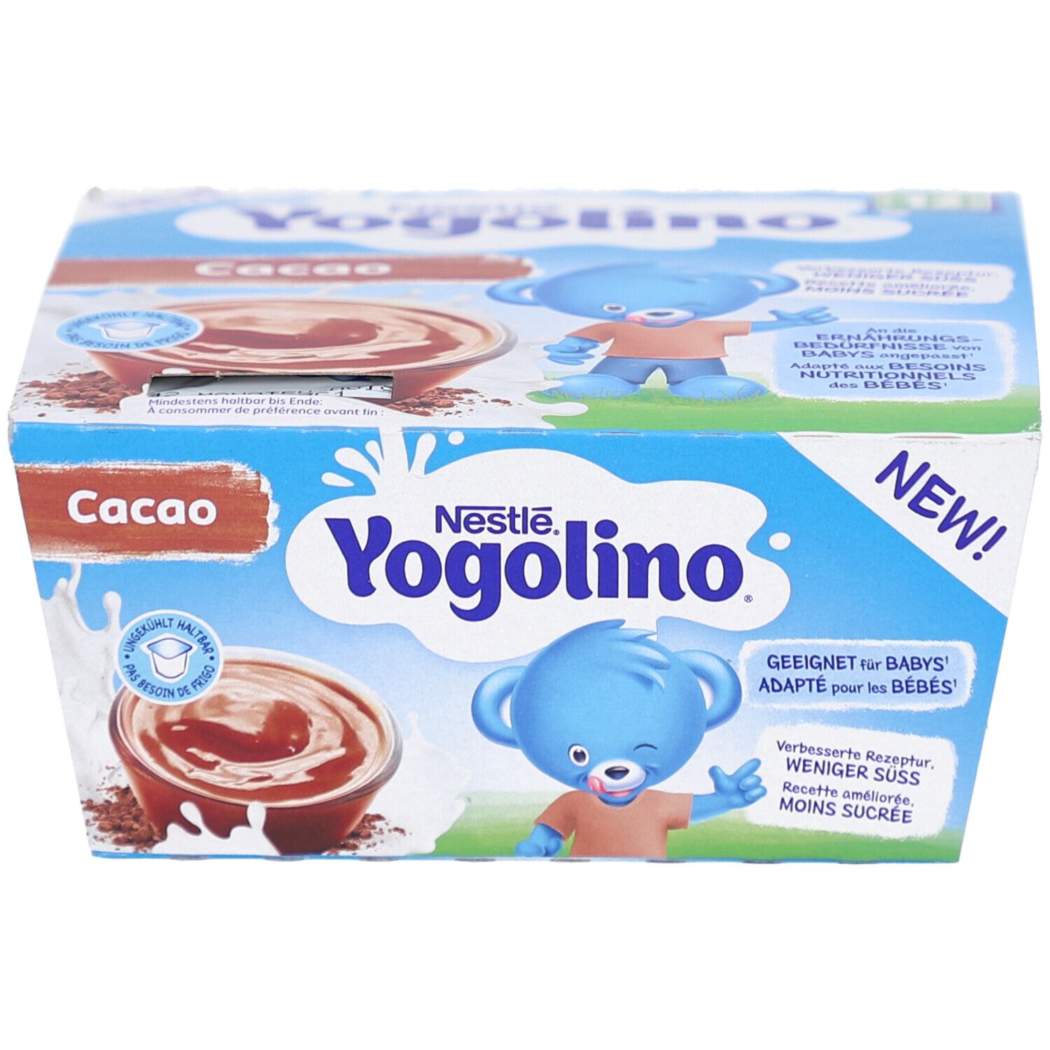Verpackung mit vier Bechern Yogolino Cacao. Marke Nestle Yogolino. Blaue Verpackung mit Produktabbildung und Text.
