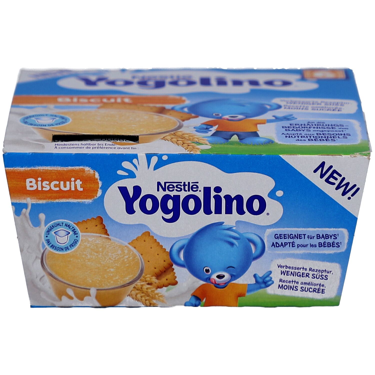 NESTLE Yogolino Biscuit, 4 x 100g. Blaue Verpackung mit Produktabbildung und Logo. Geeignet für Babys.
