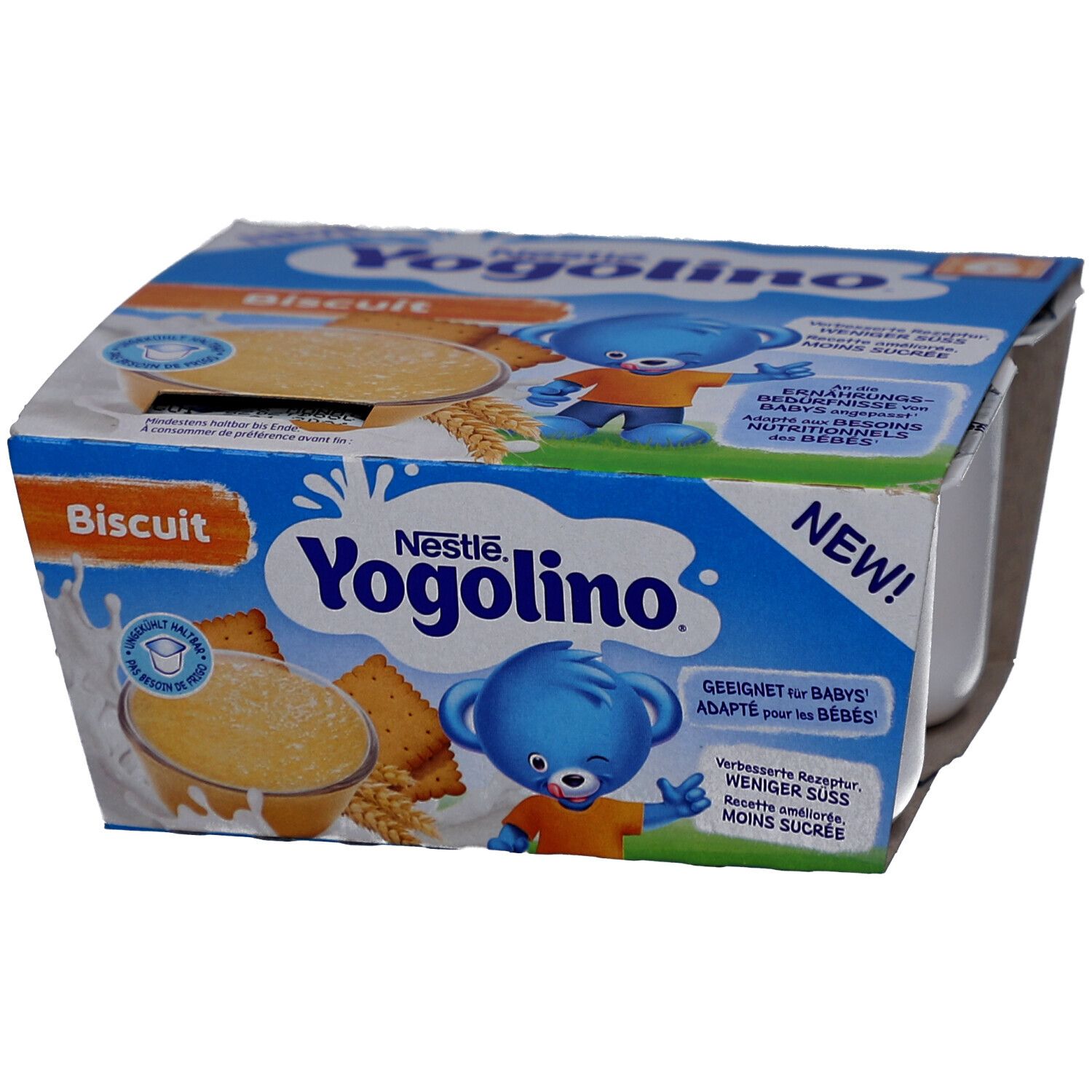 NESTLE Yogolino Biscuit, 4 x 100g. Verpackung mit Produktabbildung und Logo. Geeignet für Babys. 'NEW!'
