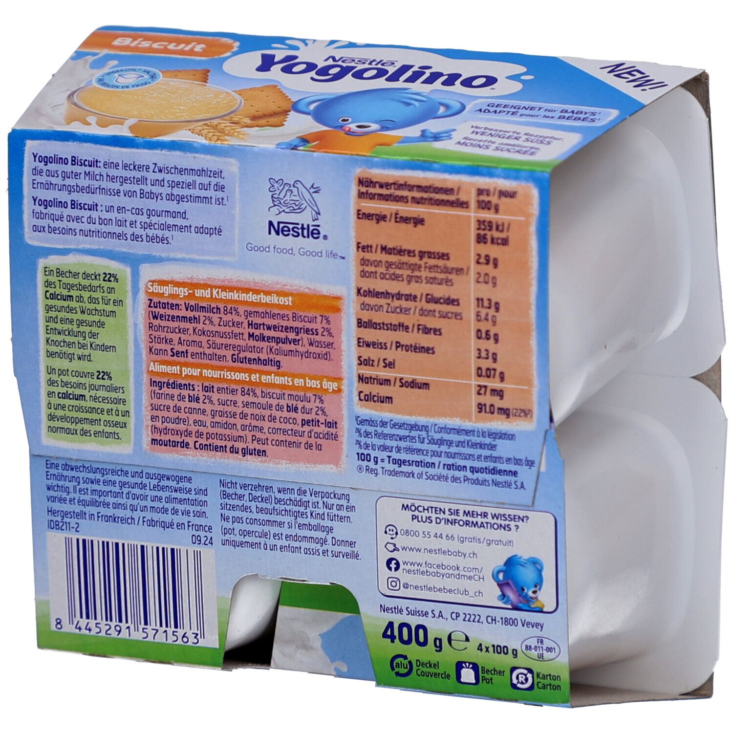 NESTLE Yogolino Biscuit, 4 x 100g. Rückseite der Verpackung mit Nährwertangaben und Inhaltsstoffen. 4 Becher.