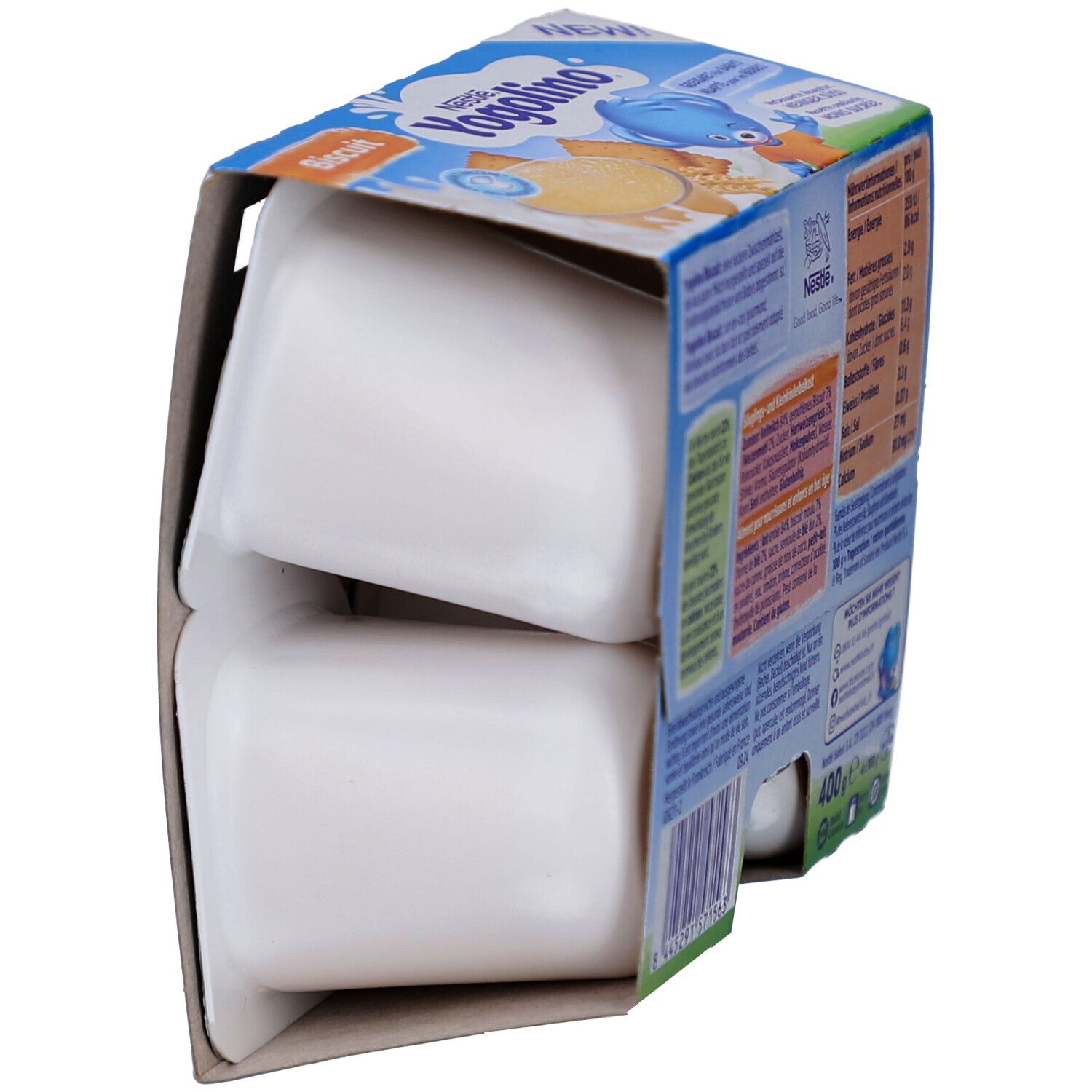 NESTLE Yogolino Biscuit, 4 x 100g. Verpackung mit 4 Bechern. Rückseite mit Nährwertangaben. Weißer Becher.
