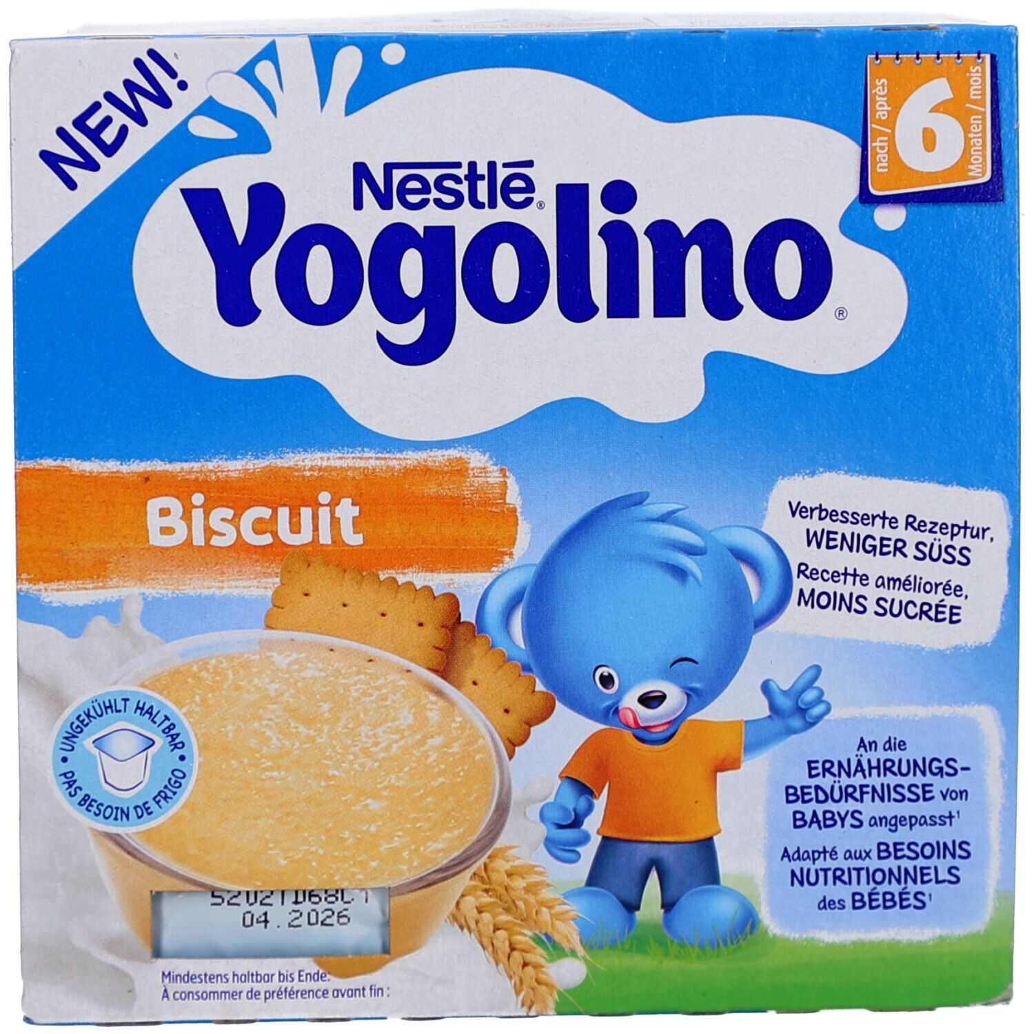 NESTLE Yogolino Biscuit, 4 x 100g. Blaue Verpackung mit Produktabbildung und Logo. Mindestens haltbar bis 04.2026.