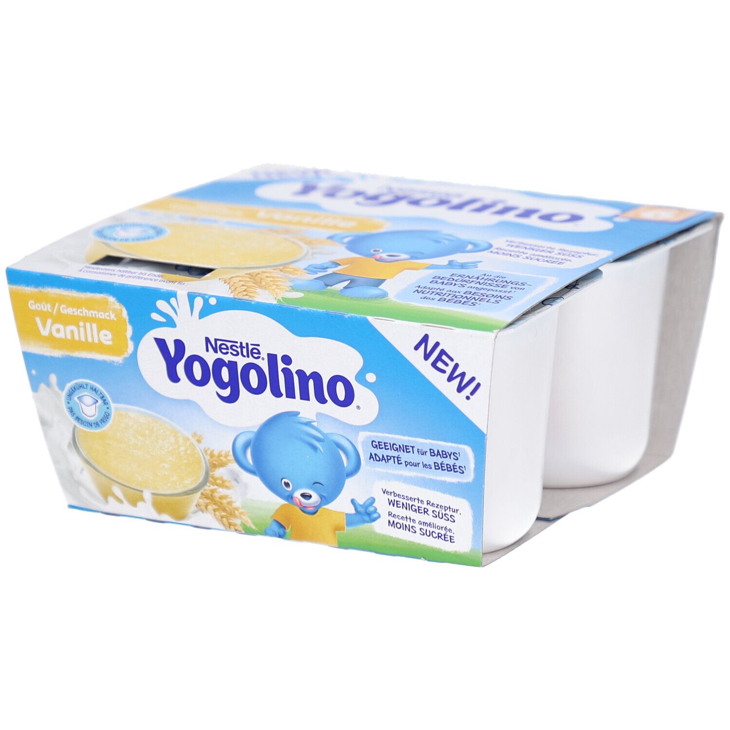 Emballage de quatre pots de Yogolino Vanille. Emballage bleu avec logo et illustration d'ours en peluche. Autocollant "NEW!".
