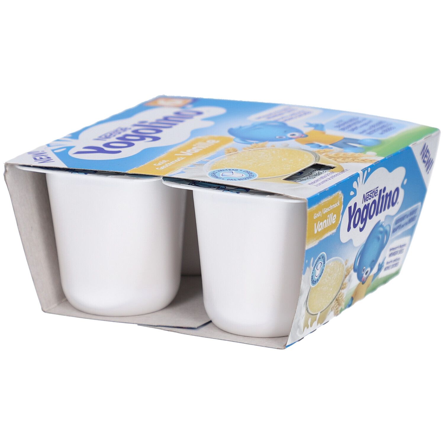 Emballage avec deux pots de Yogolino Vanille visibles. Emballage bleu avec logo et illustration d'ours en peluche.